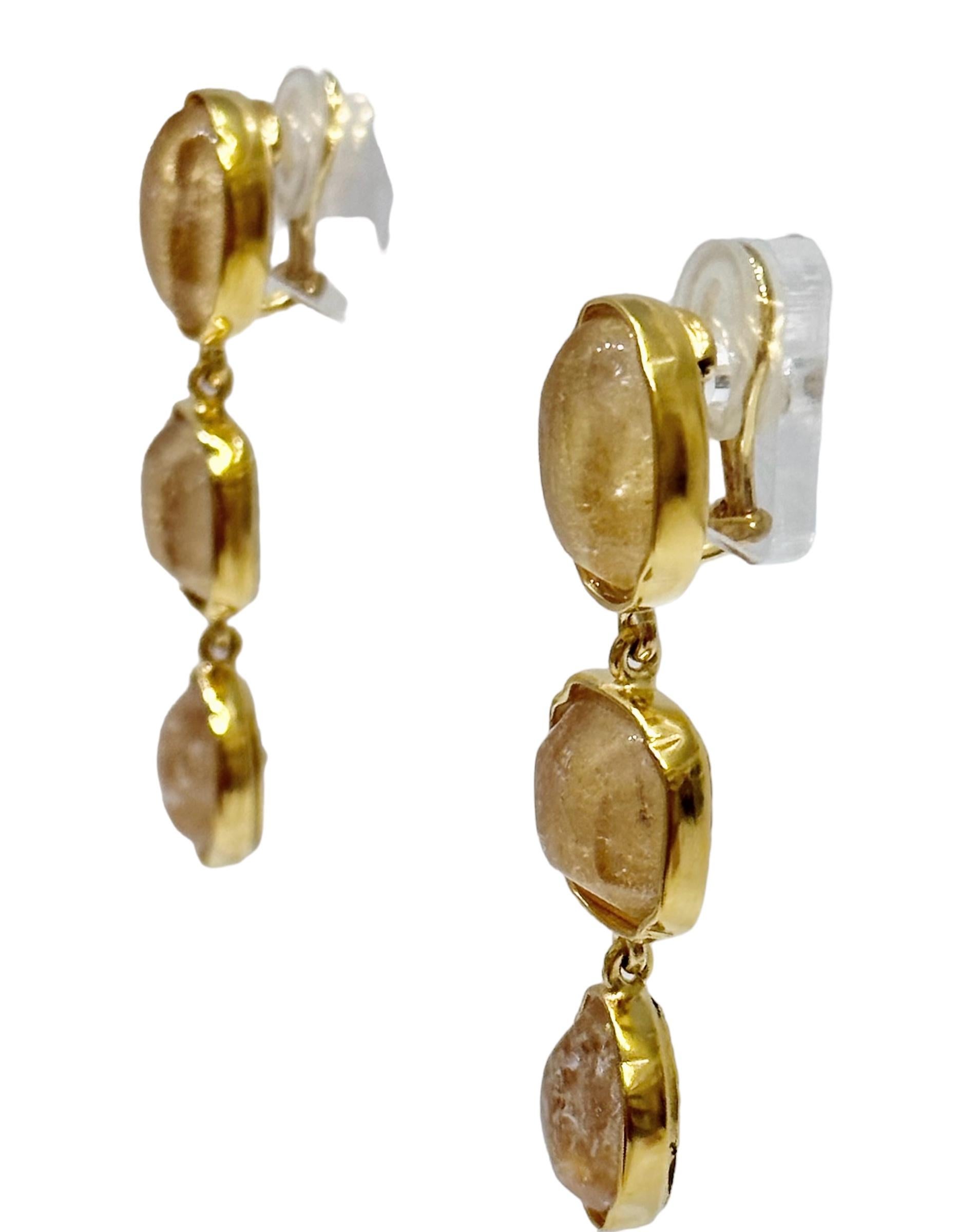 Contemporary Goossens Paris 3 Cabochons Tinted Rock Crystal  Earrings 