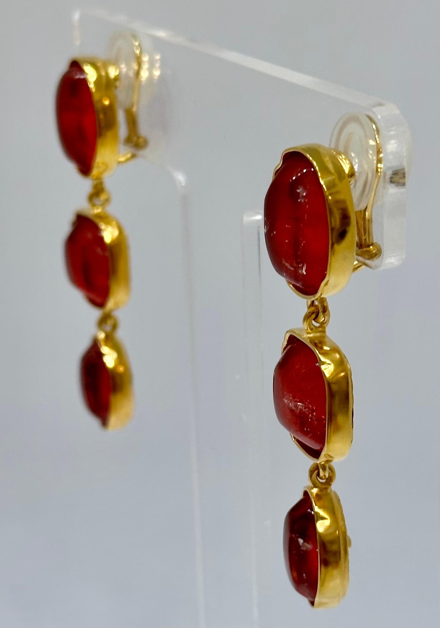 Contemporary Goossens Paris 3 Cabochons Tinted Rock Crystal  Earrings  For Sale