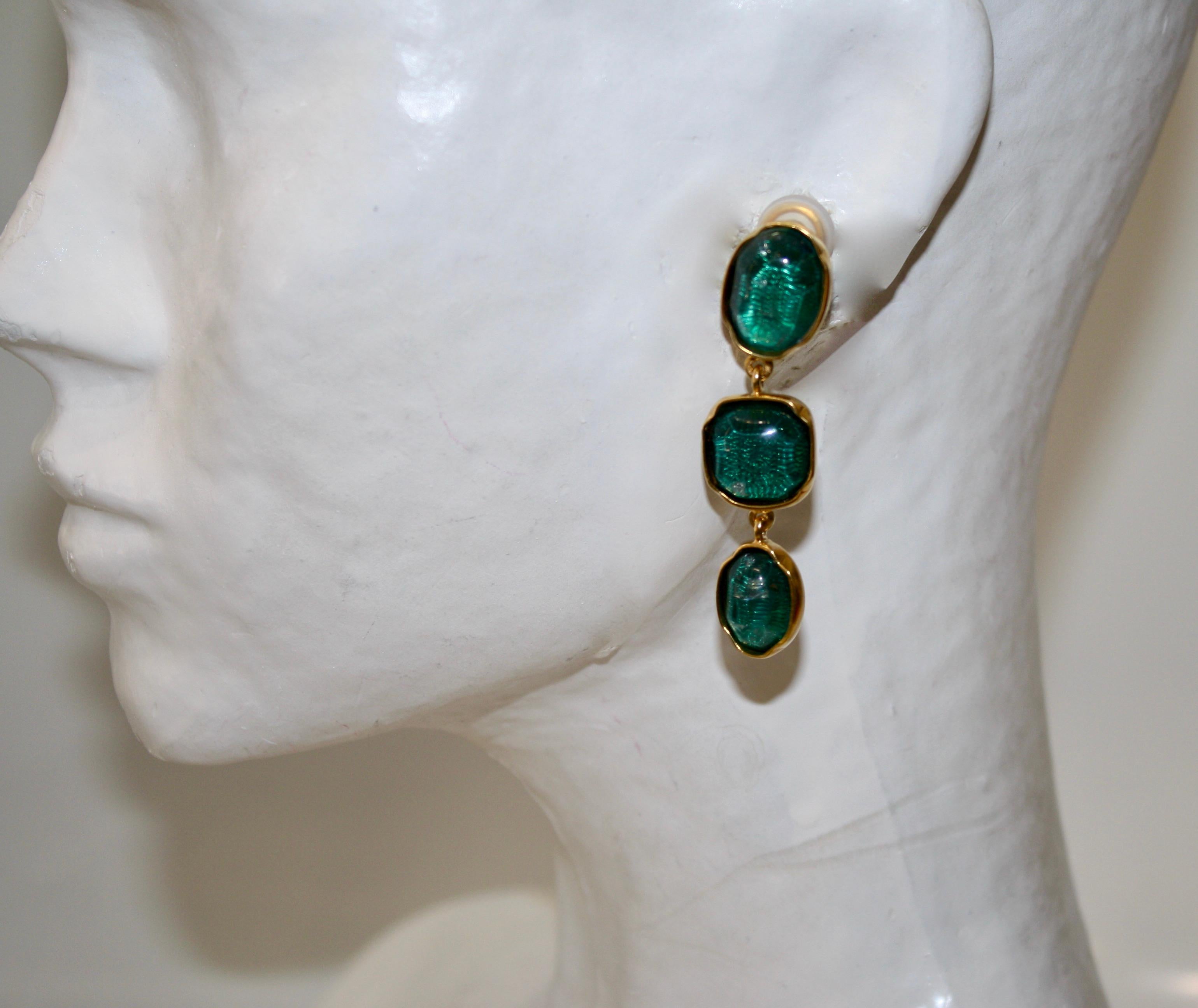 Women's or Men's Goossens Paris 3 Cabochons Tinted Rock Crystal  Earrings 