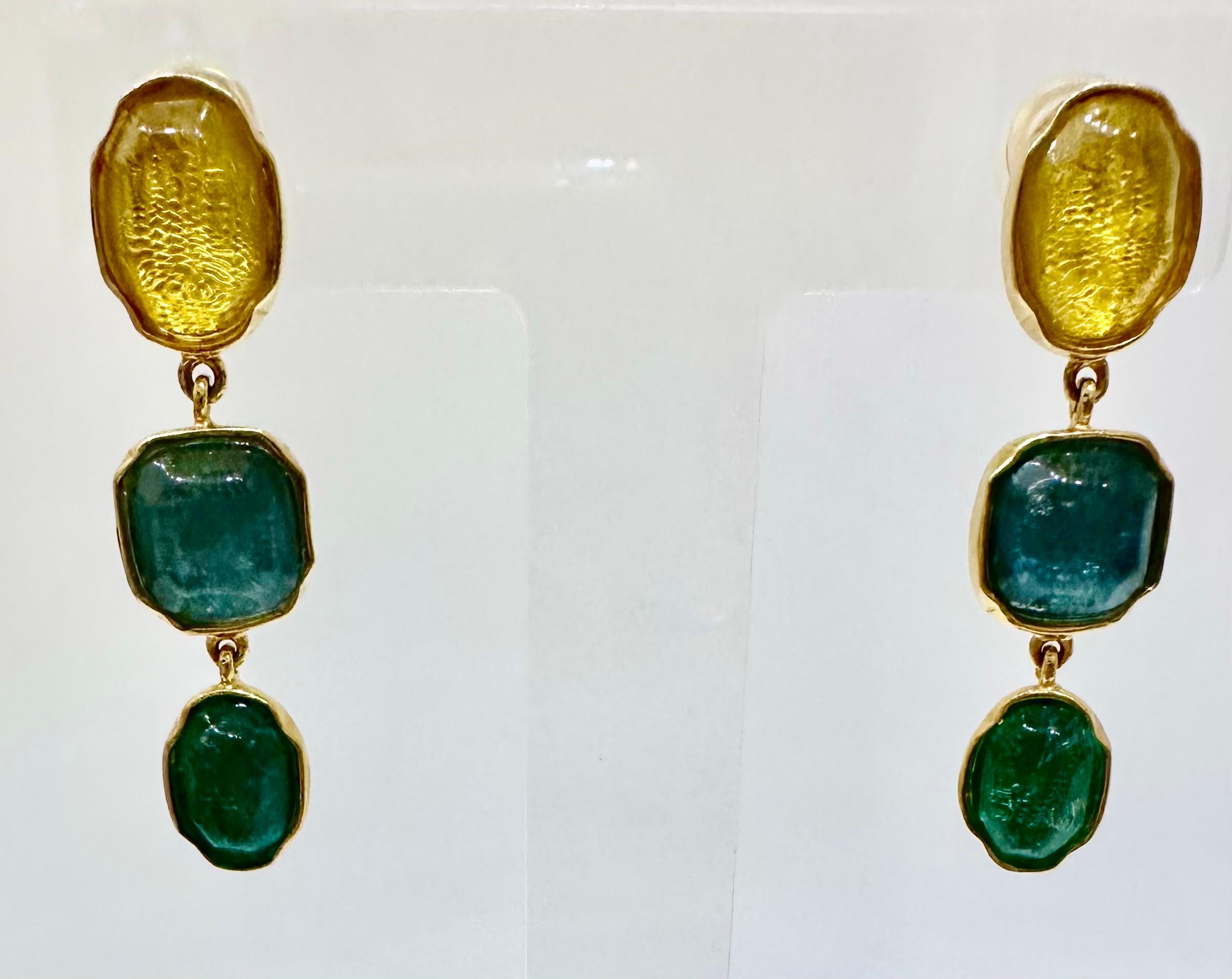Goossens Paris 3 Cabochons Tinted Rock Crystal  Earrings  In New Condition For Sale In Virginia Beach, VA