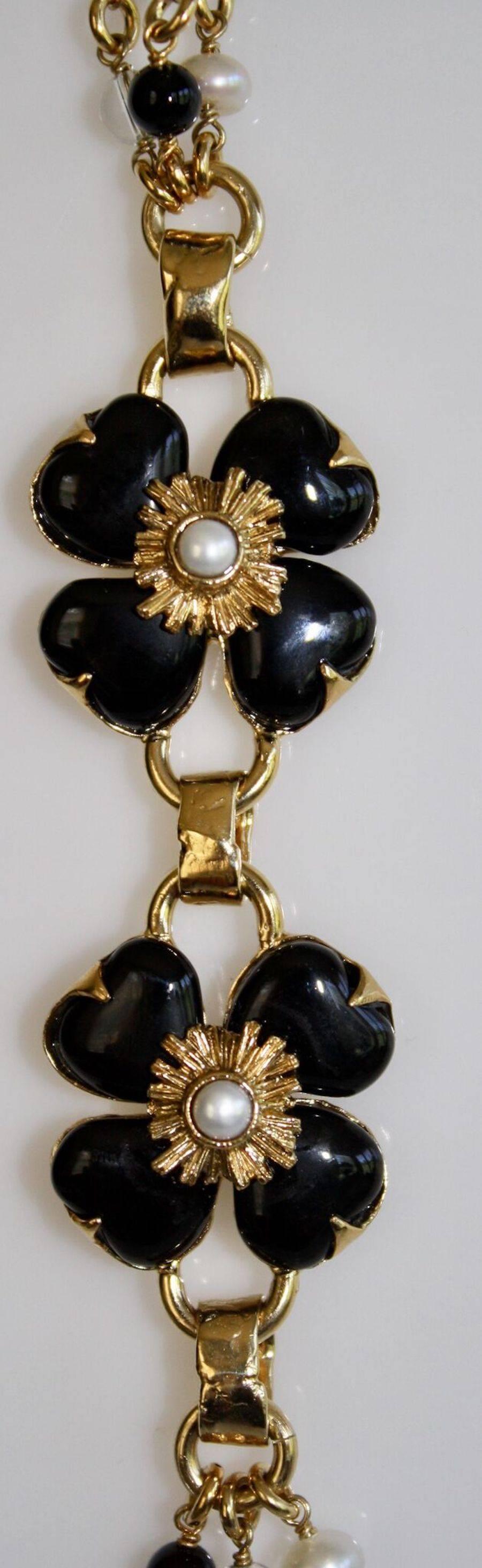 Cabochon Goossens Paris Black Onyx, Pearl, and Rock Crystal Long Clover Necklace