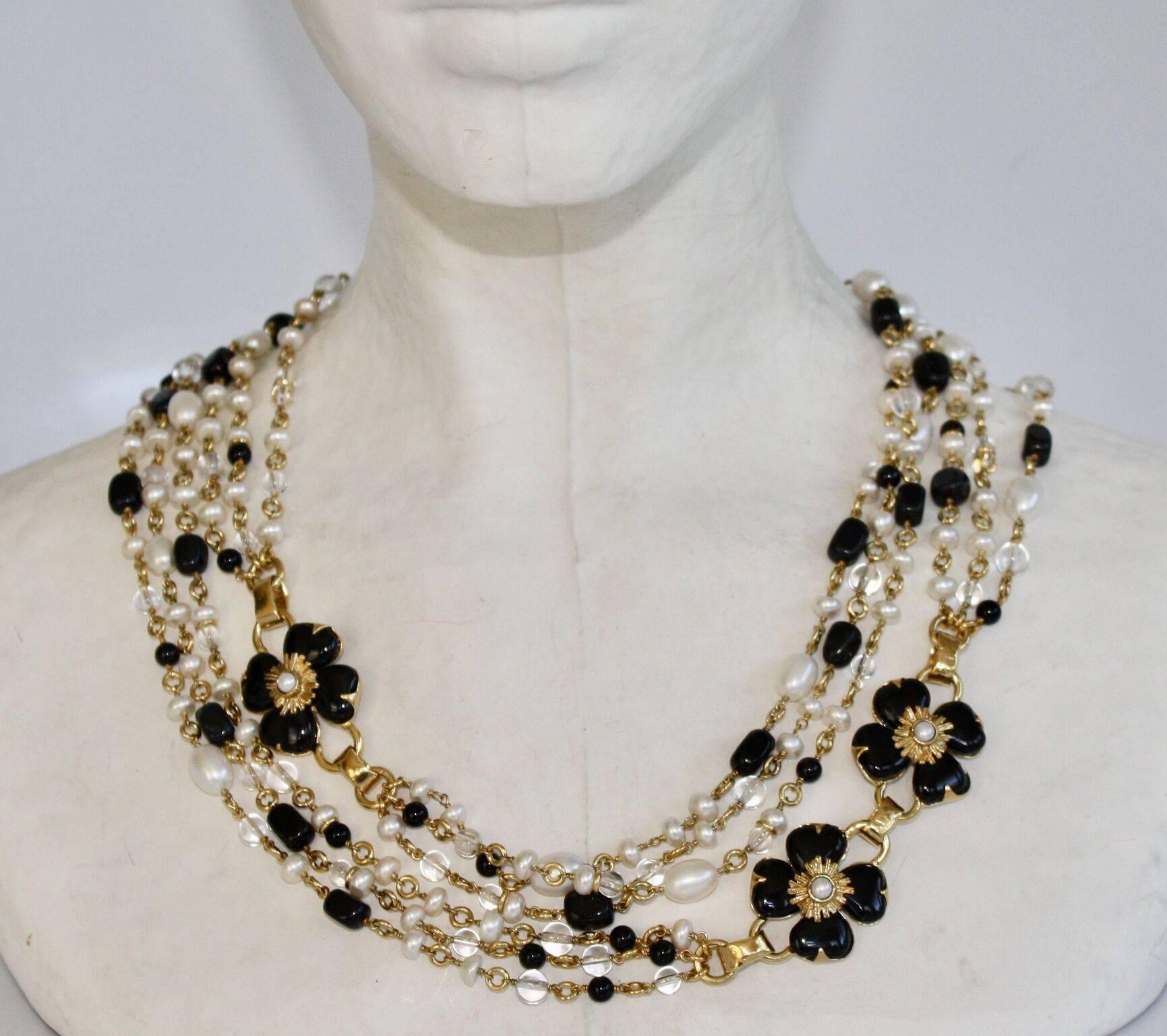 Goossens Paris Black Onyx, Pearl, and Rock Crystal Long Clover Necklace In New Condition In Virginia Beach, VA