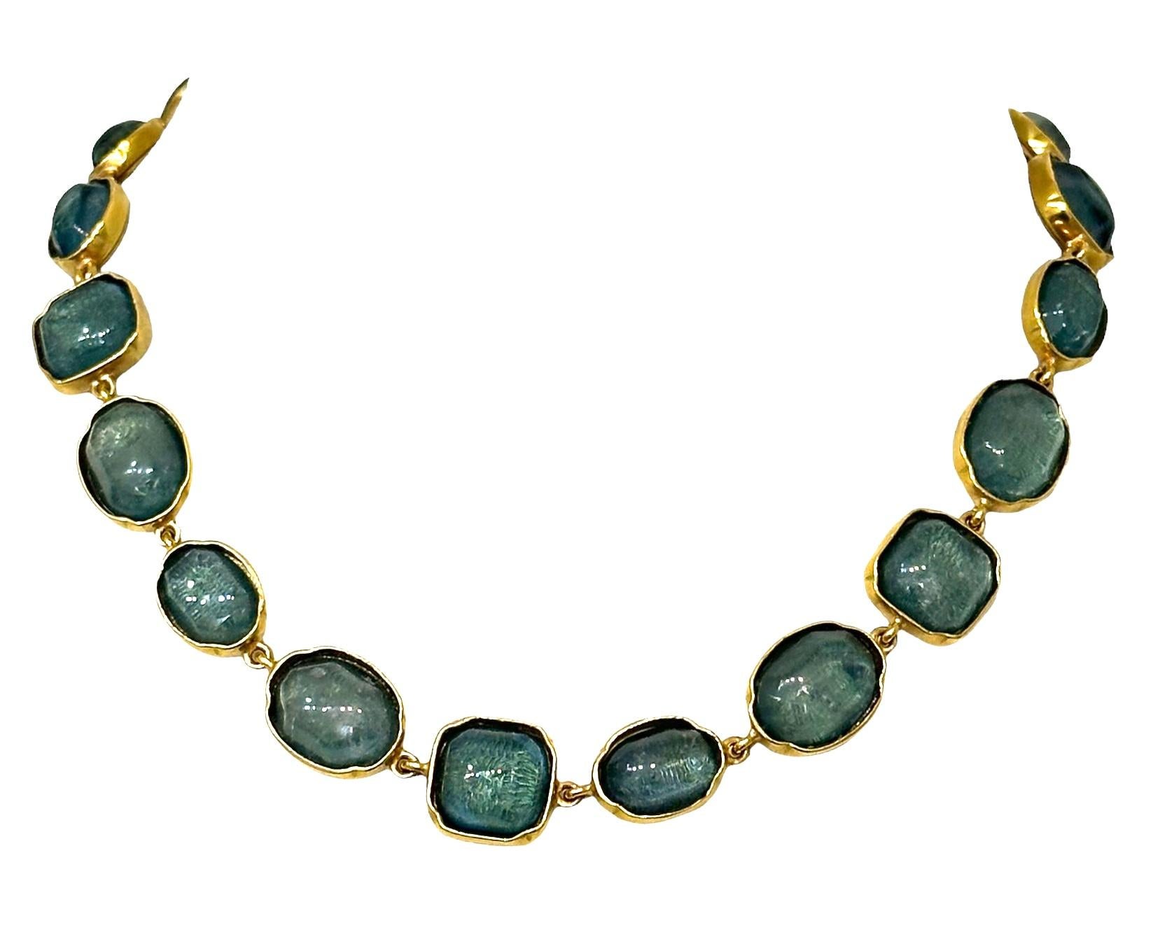 Modern Goossens Paris Blue Denim Rock Crystal Necklace For Sale
