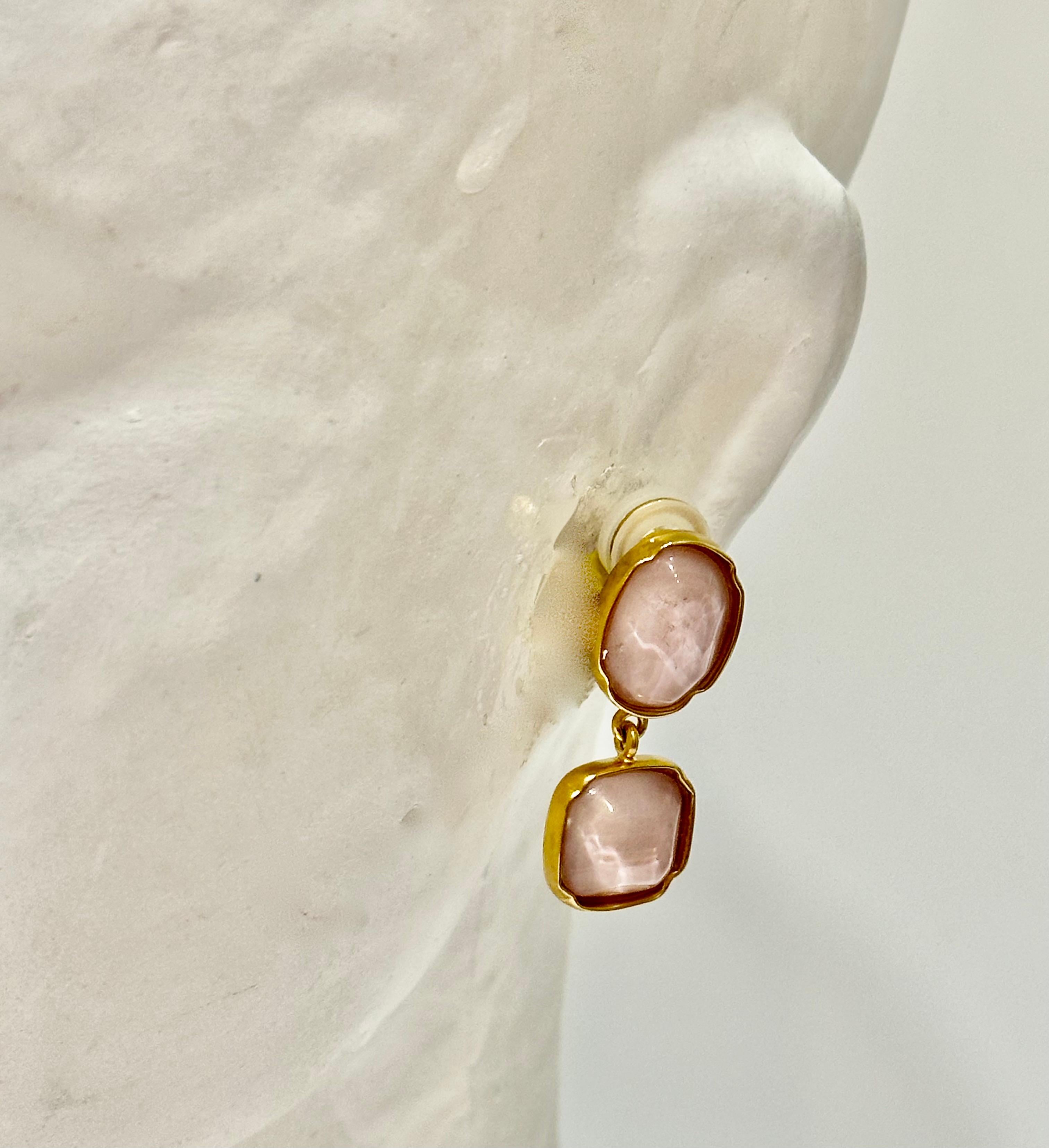 Baguette Cut Goossens Paris Blush Pink Rock Crystal Cabochon Clip Earrings For Sale