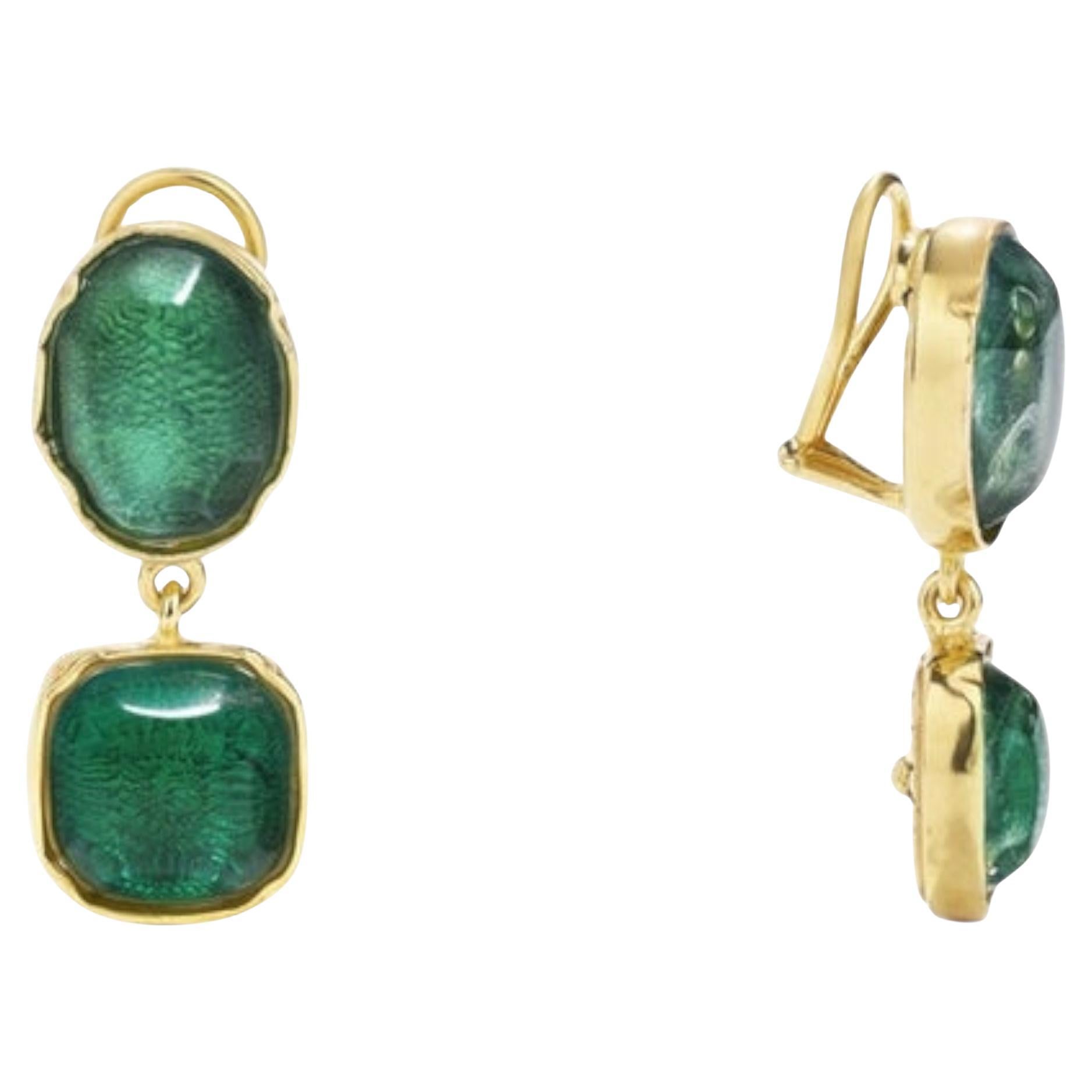 Goossens Paris Emerald Green Rock Crystal Cabochon Clip Earrings For Sale