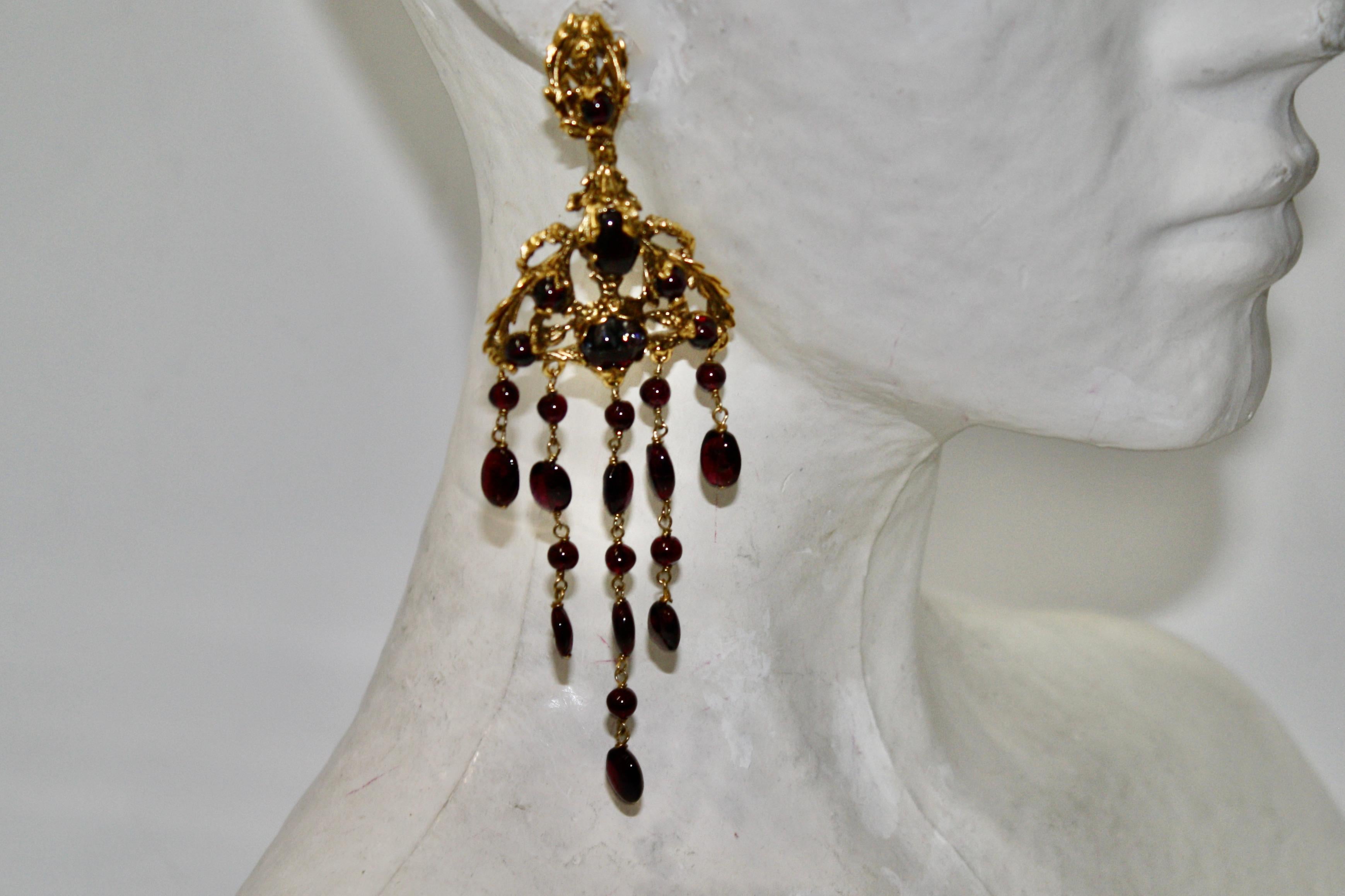 Baroque Goossens Paris Gilded Bronze and Garnet Chandelier Earrings