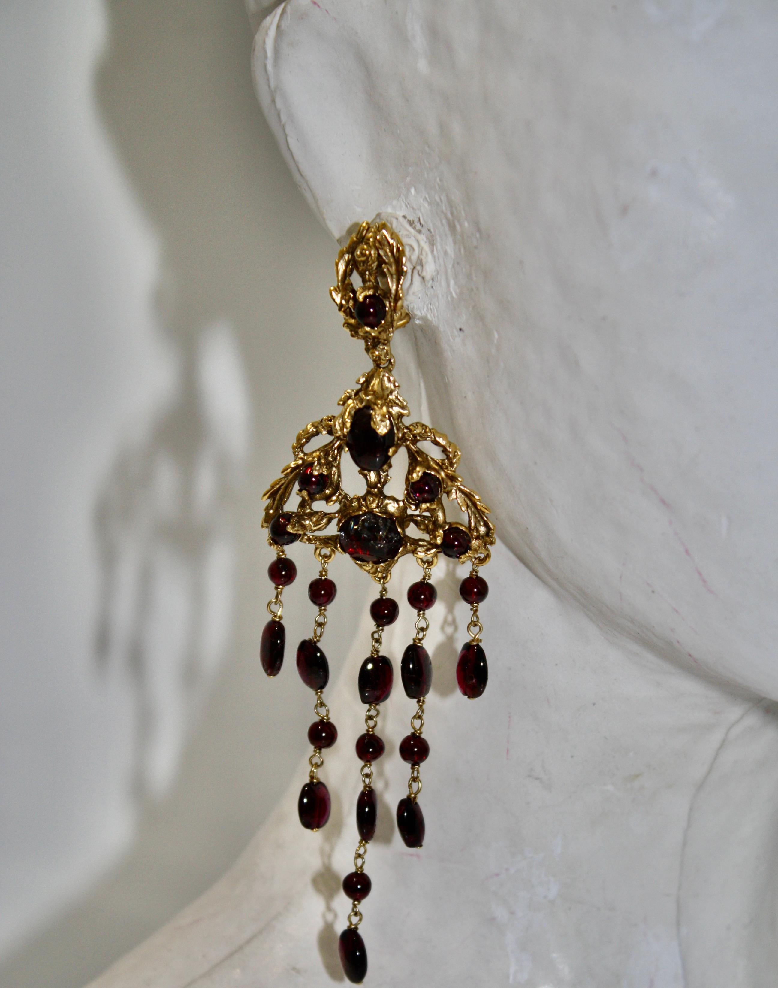 Bead Goossens Paris Gilded Bronze and Garnet Chandelier Earrings