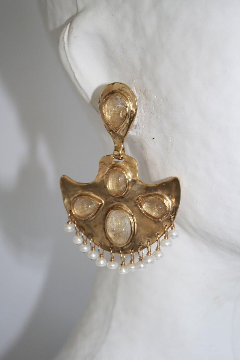 Goossens Paris Gold Clip Fan Earrings with Rock Crystals and Freshwater