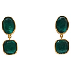 Vintage Goossens Paris Green Rock Crystal Cabochon Clip Earrings