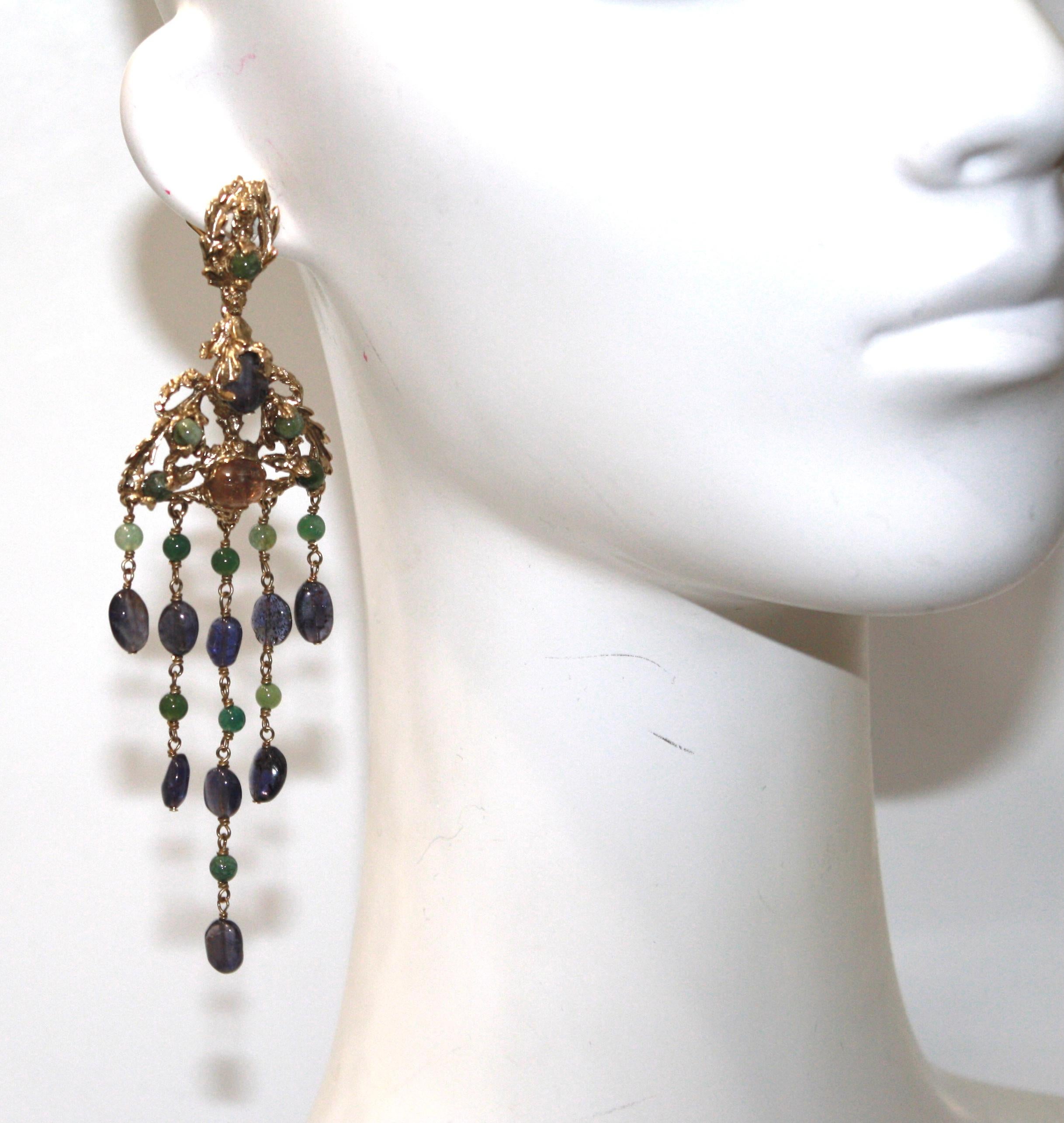 24-carat pale gold gilded bronze and iolite stones chandelier earrings with French back pierced earrings.