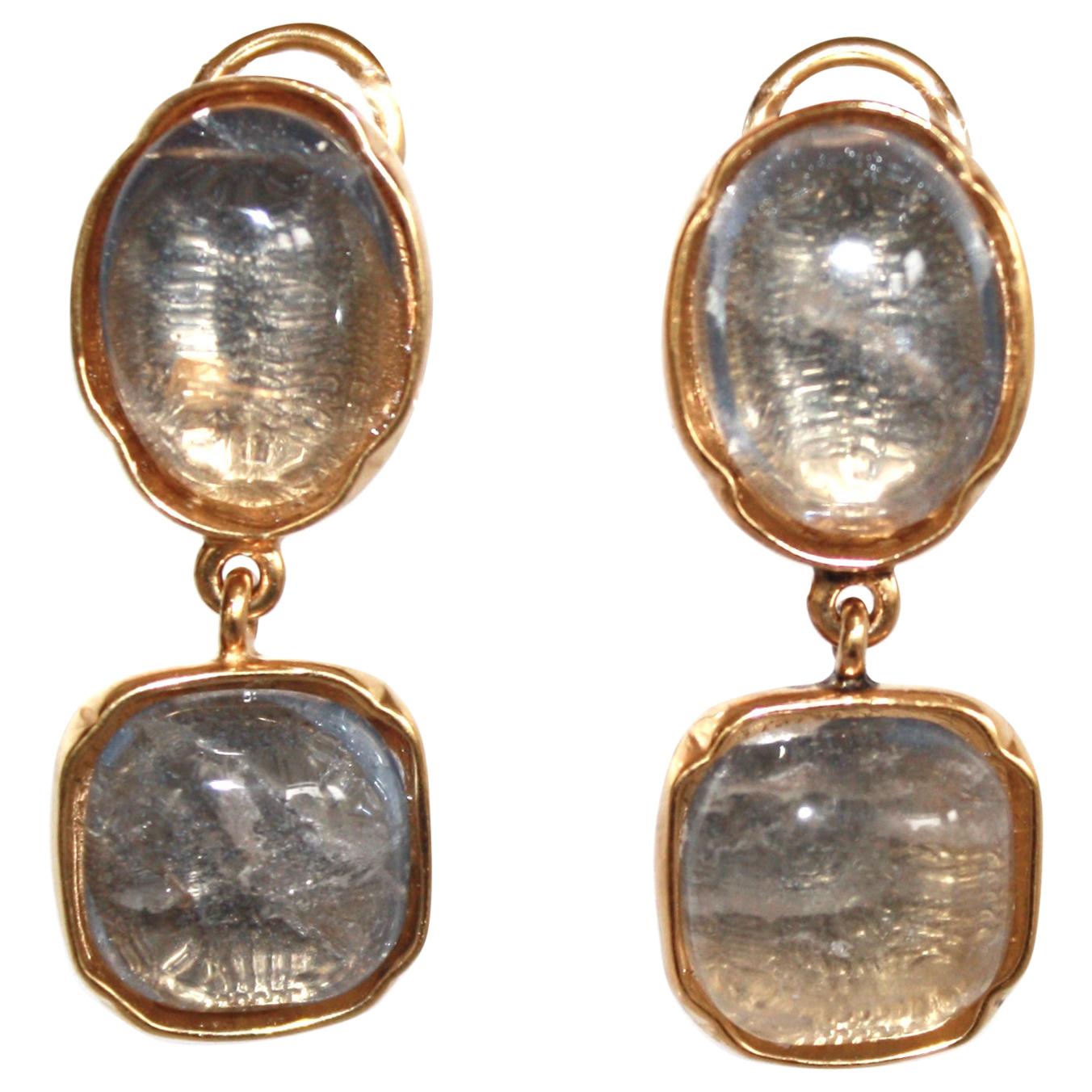 Goossens Paris Light Denim Tone Rock Crystal Cabochon Clip Earrings