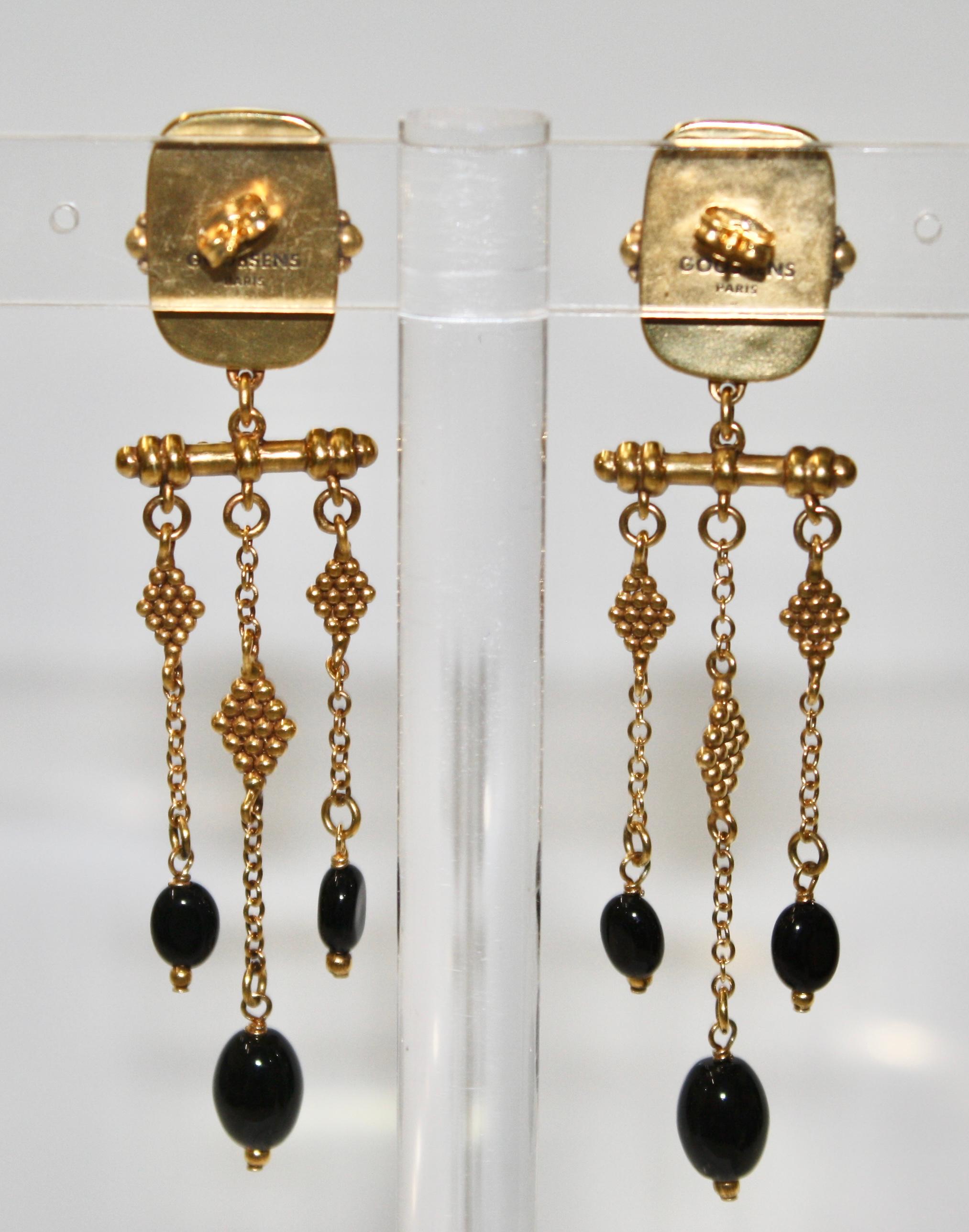 Women's or Men's Goossens Paris Long Black Agate Earrings 