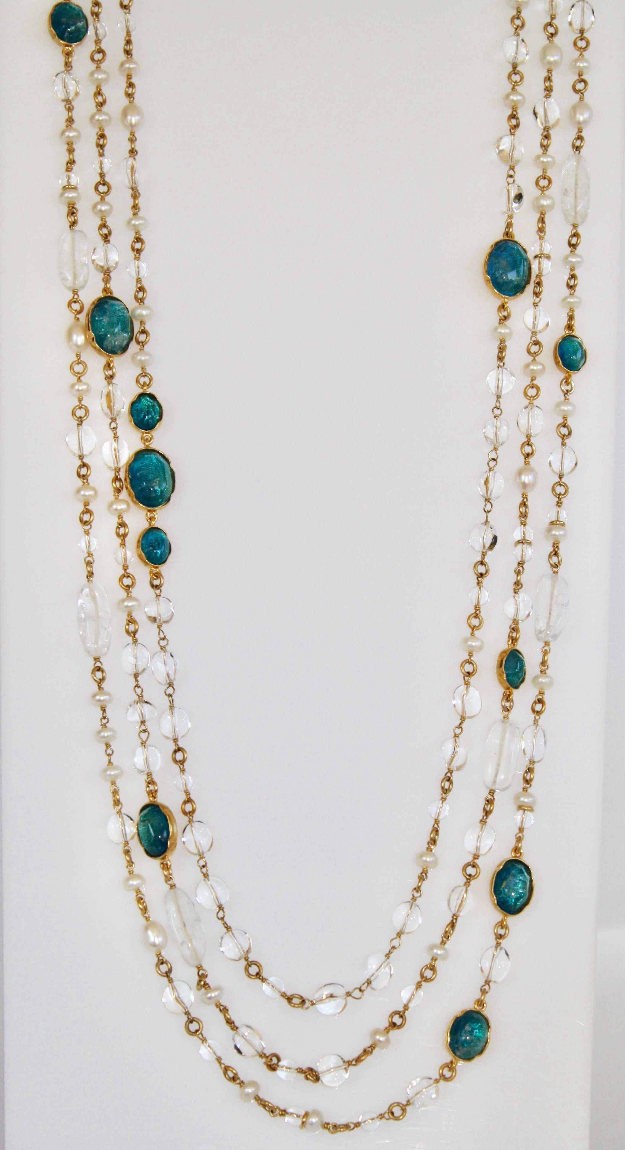 Goossens Paris Pearl and Tinted Blue Rock Crystal Triple Row Long Necklace In New Condition In Virginia Beach, VA