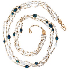 Goossens Paris Pearl and Tinted Blue Rock Crystal Triple Row Long Necklace