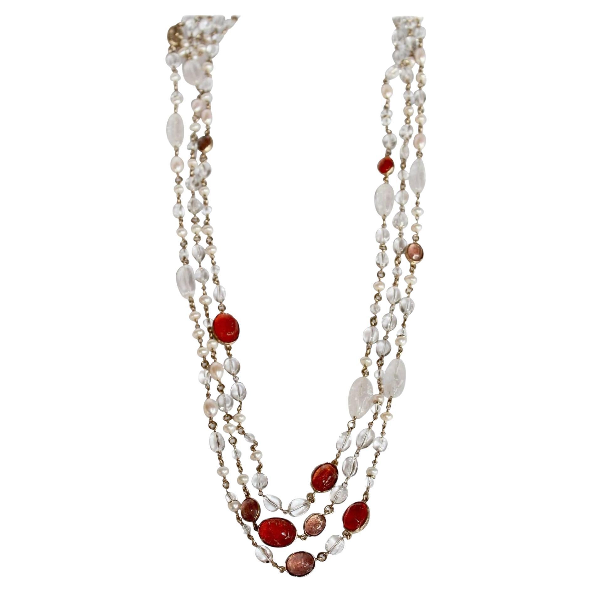 Goossens Paris Pink/Salmon Long Rock Crystal and Pearl Necklace For Sale