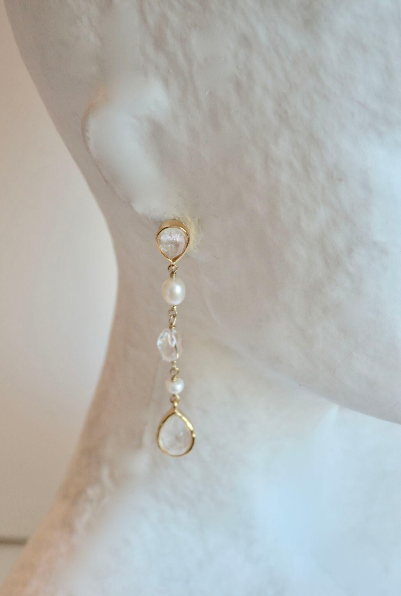 Cabochon Goossens Paris Rock Crystal and Pearl Pierced Dangle Earrings For Sale