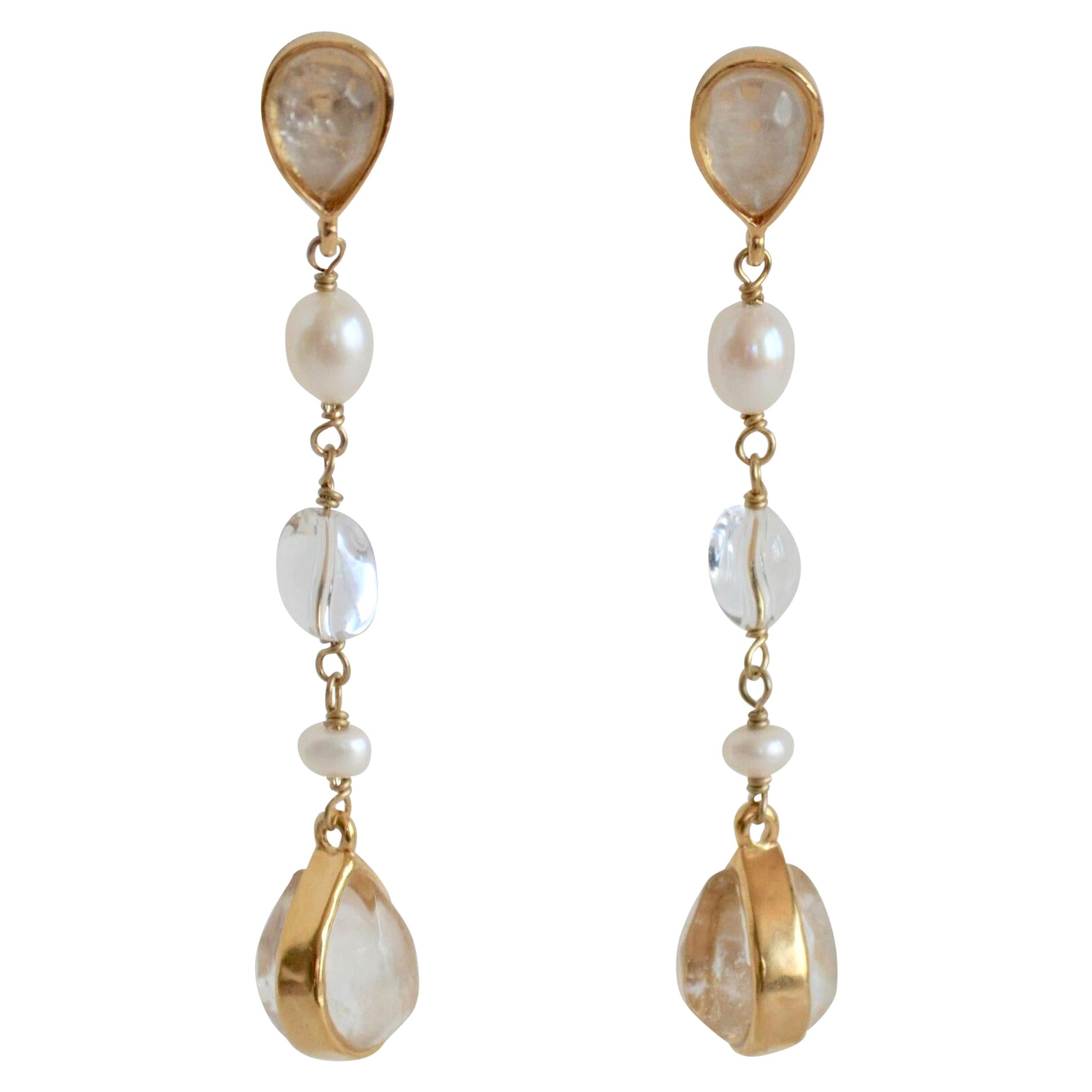 Goossens Paris Rock Crystal and Pearl Pierced Dangle Earrings For Sale