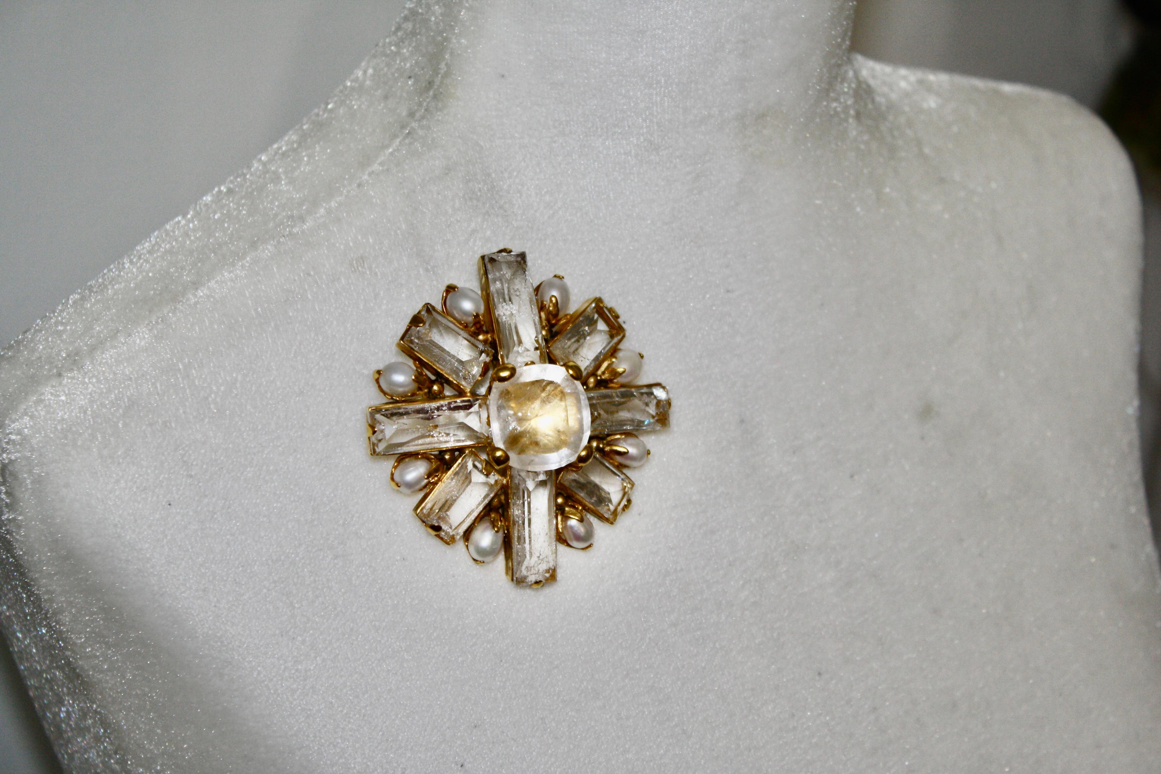 Art Deco Goossens Paris Stones Pearls Brooch For Sale