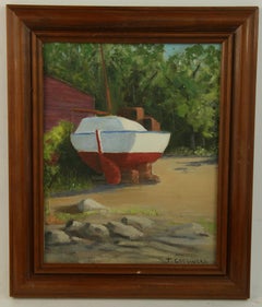 Vintage American Oil Painting " Backyard Sailboat Dry Dock Oil "