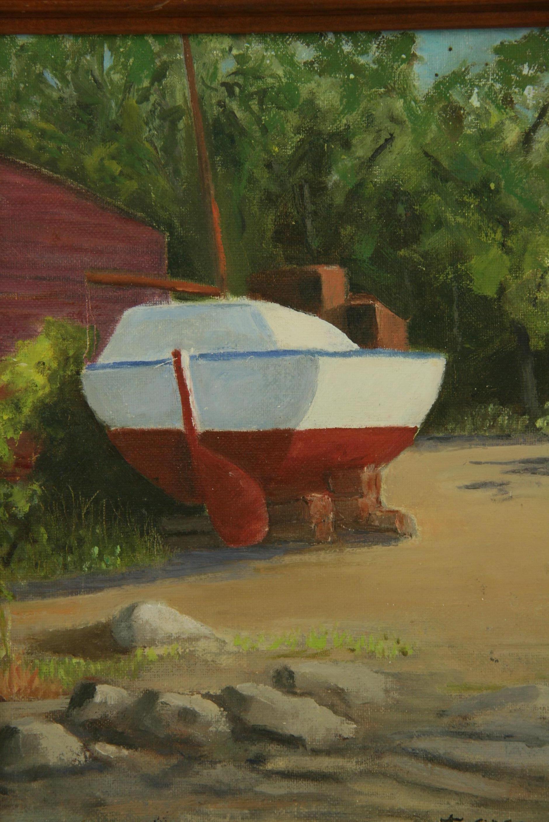 Peinture à l'huile d'un voilier en cale sèche dans un jardin - Painting de Gooswell