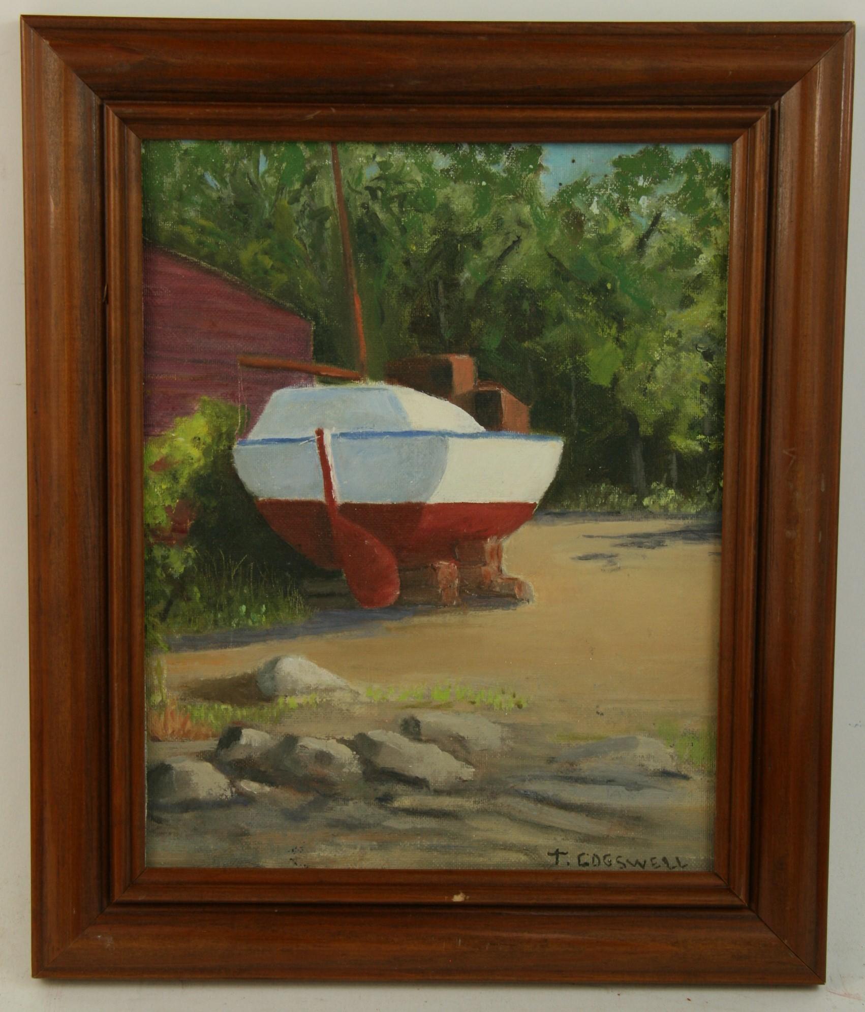 Landscape Painting Gooswell - Peinture à l'huile d'un voilier en cale sèche dans un jardin