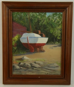 Peinture à l'huile d'un voilier en cale sèche dans un jardin