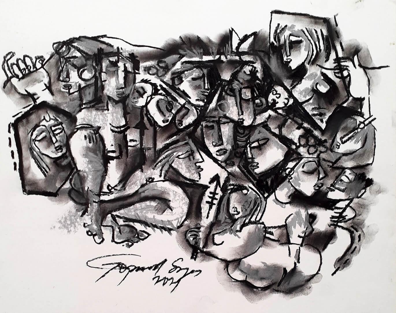 Family Time, Mixed media on Paper, Black, White Contemporary Artist "In Stock" - Mixed Media Art by Gopal Sen