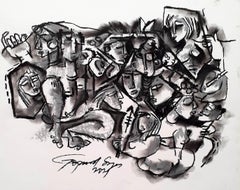 Family Time, Mixed media on Paper, Black, White Contemporary Artist "In Stock"