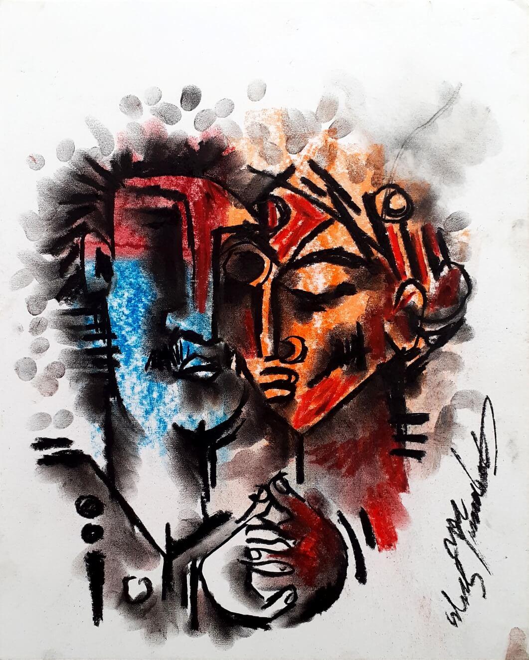 For You My Dear, Mixed media on Paper, Red, Blue Contemporary Artist "In Stock" - Mixed Media Art by Gopal Sen