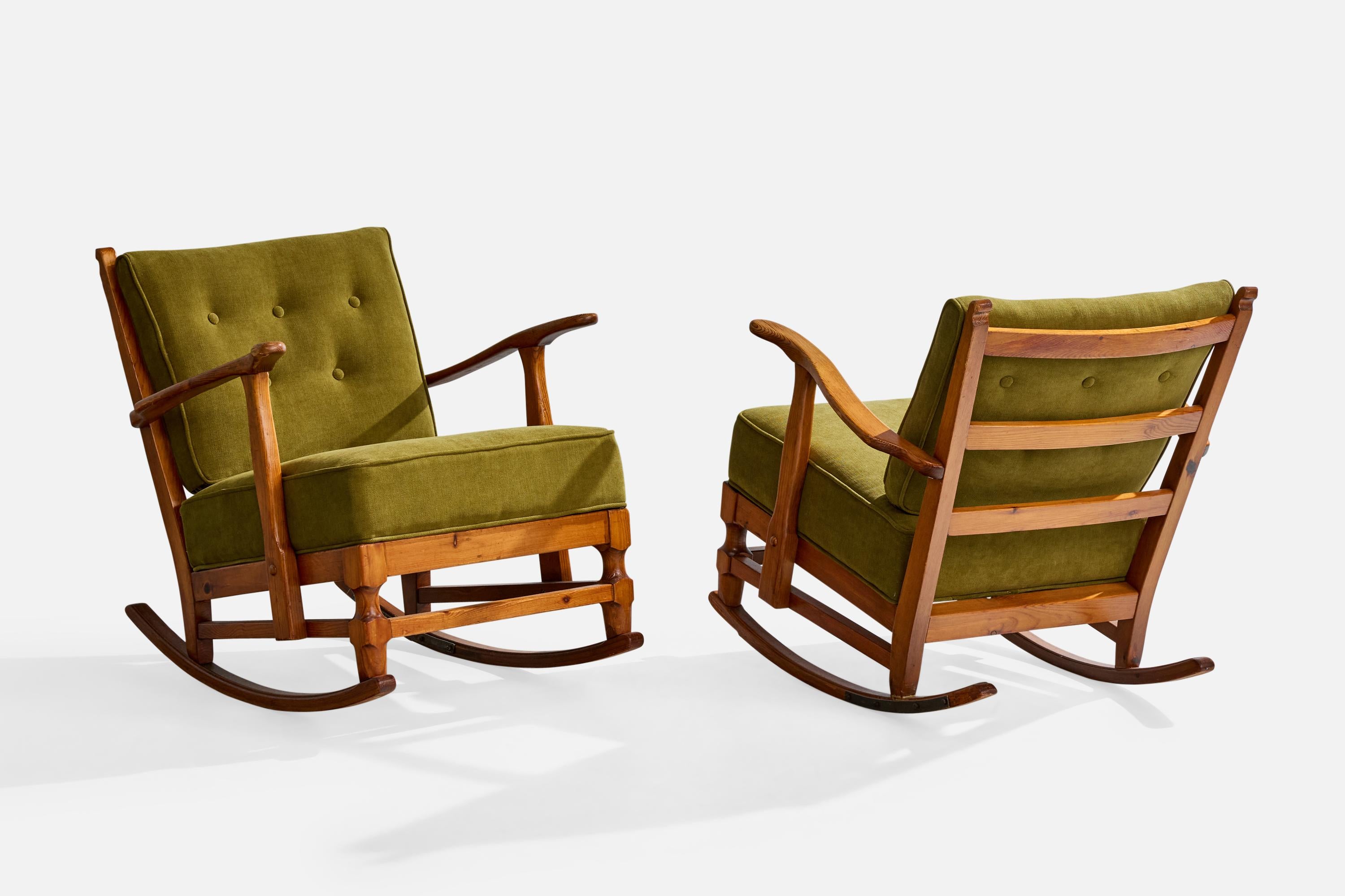 Göperts Möbler, Rockings Chairs, Pine, Fabric, Sweden, 1940s In Good Condition For Sale In High Point, NC