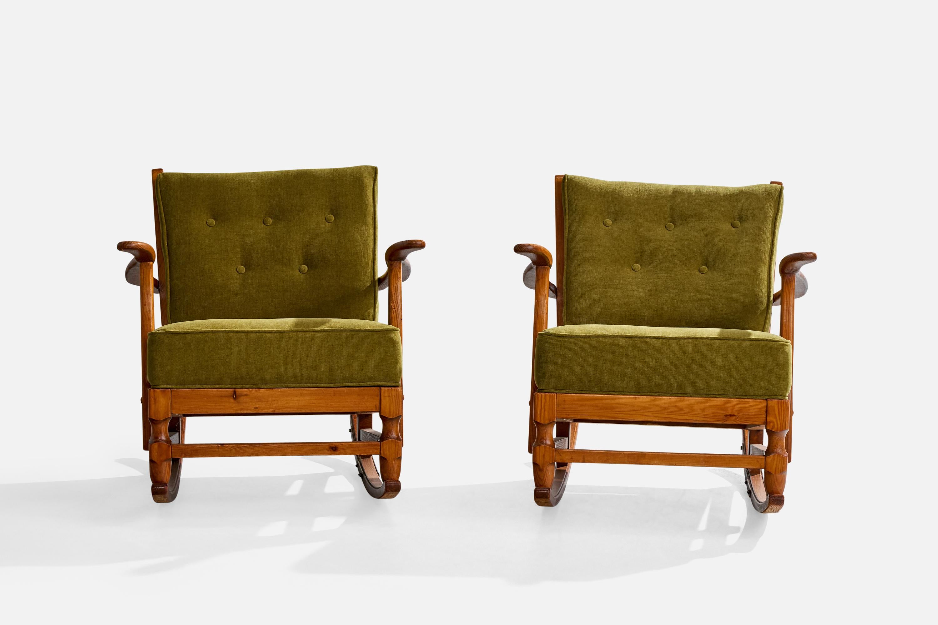 Mid-20th Century Göperts Möbler, Rockings Chairs, Pine, Fabric, Sweden, 1940s For Sale