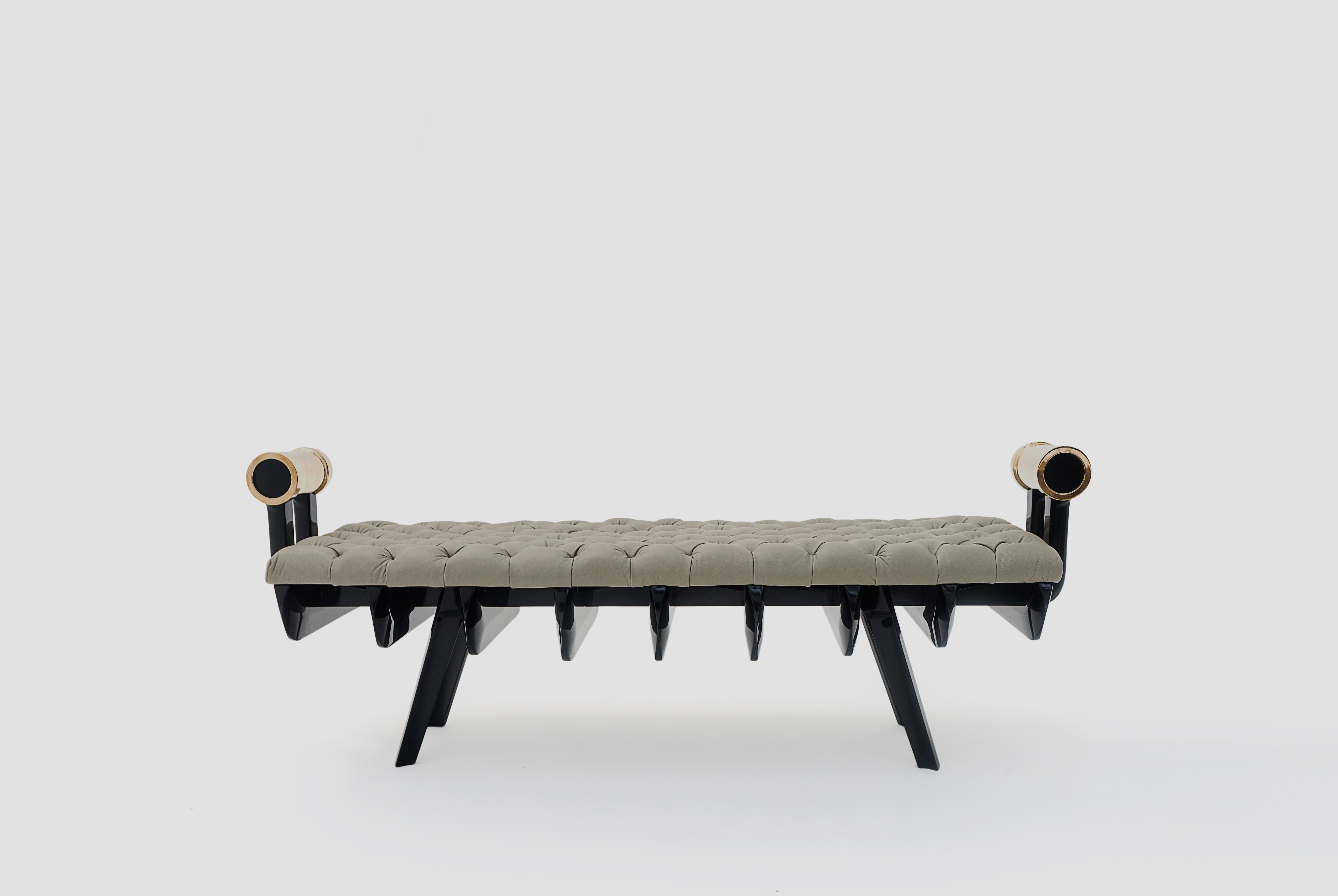 Gor bench by Arturo Verástegui
Dimensions: D 40 x W 120 x H 40 cm
Materials: wood, leather, bronze.

Bench made of lacquered polished wood with bronce handles, seating in leather.

Arturo Verástegui has been the director and founder of BREUER