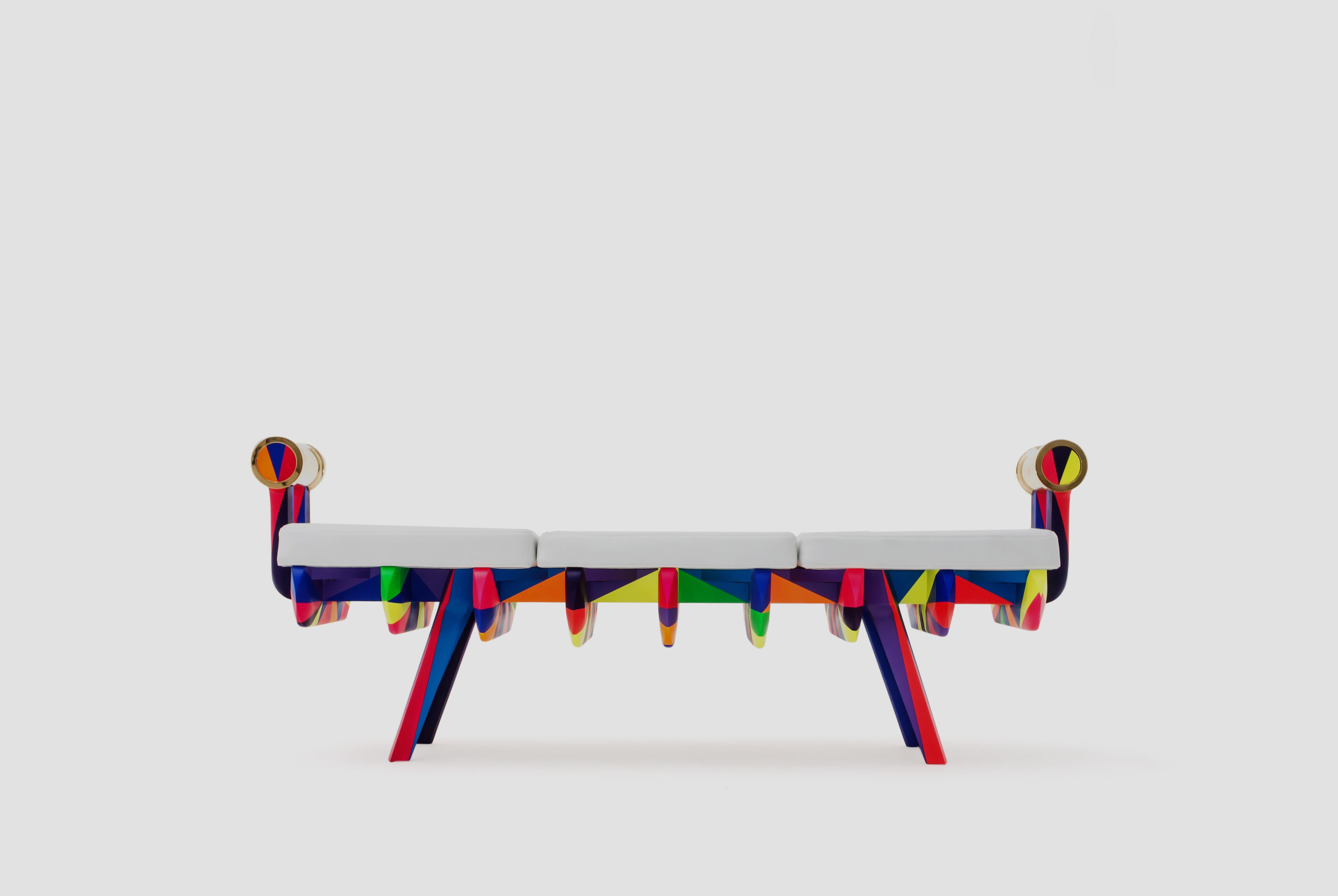 Mid-Century Modern Gor, Colorful Bench, Stool, Made of Solid Wood, Painted by Lao Gabrielli