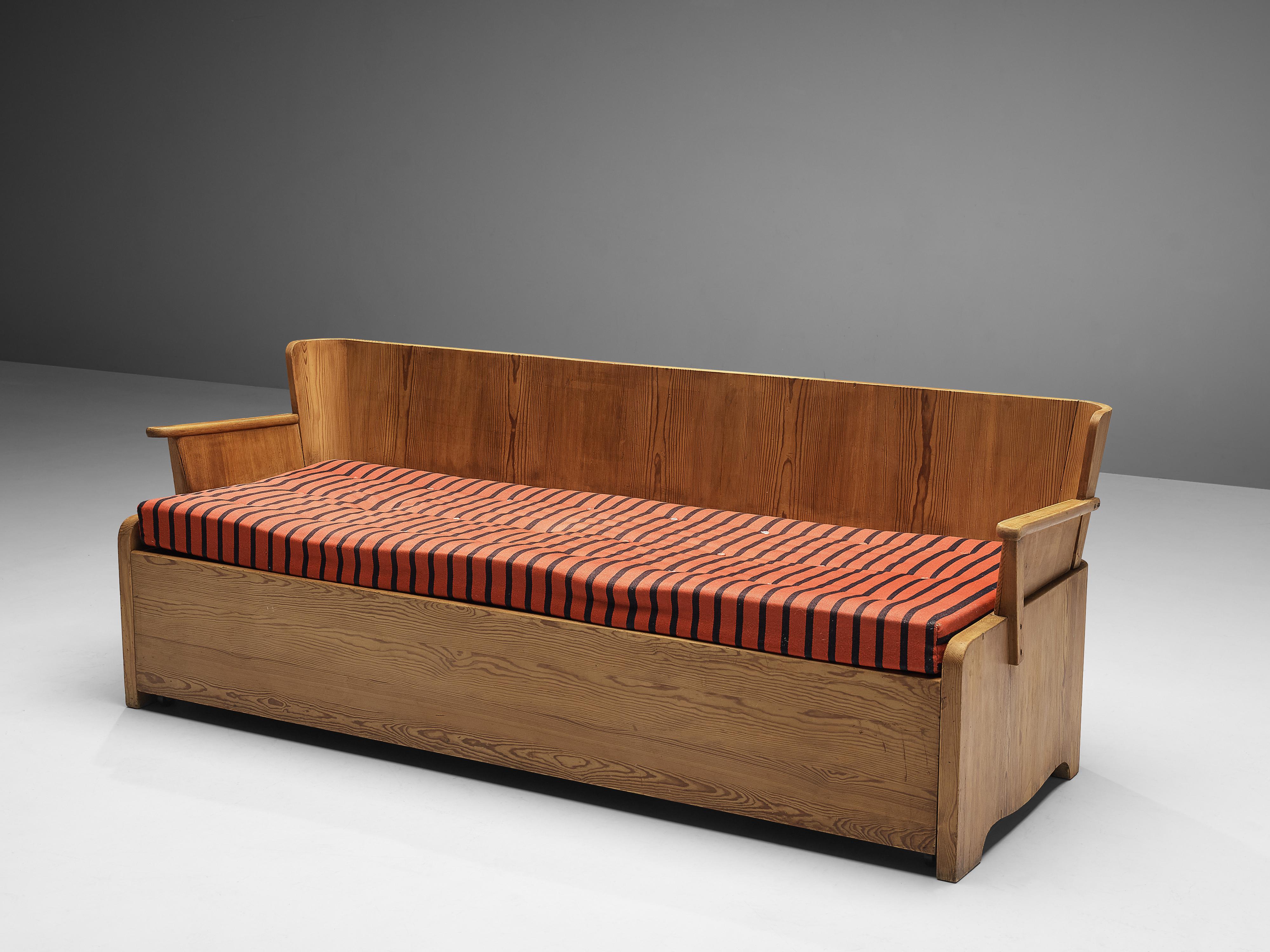 Goran Malmvall, sofa with bed function, solid pine, metal, upholstery, Sweden, 1950s

Versatile Swedish sofa in solid pine. Special feature of this sofa is that it turns into a bed. An easy mechanism allows the user to pull out the bottom drawer