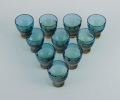 Göran Wärff for Pukeberg, Set of 10 Unique Blue-Green "Tropico" Shot Glasses
