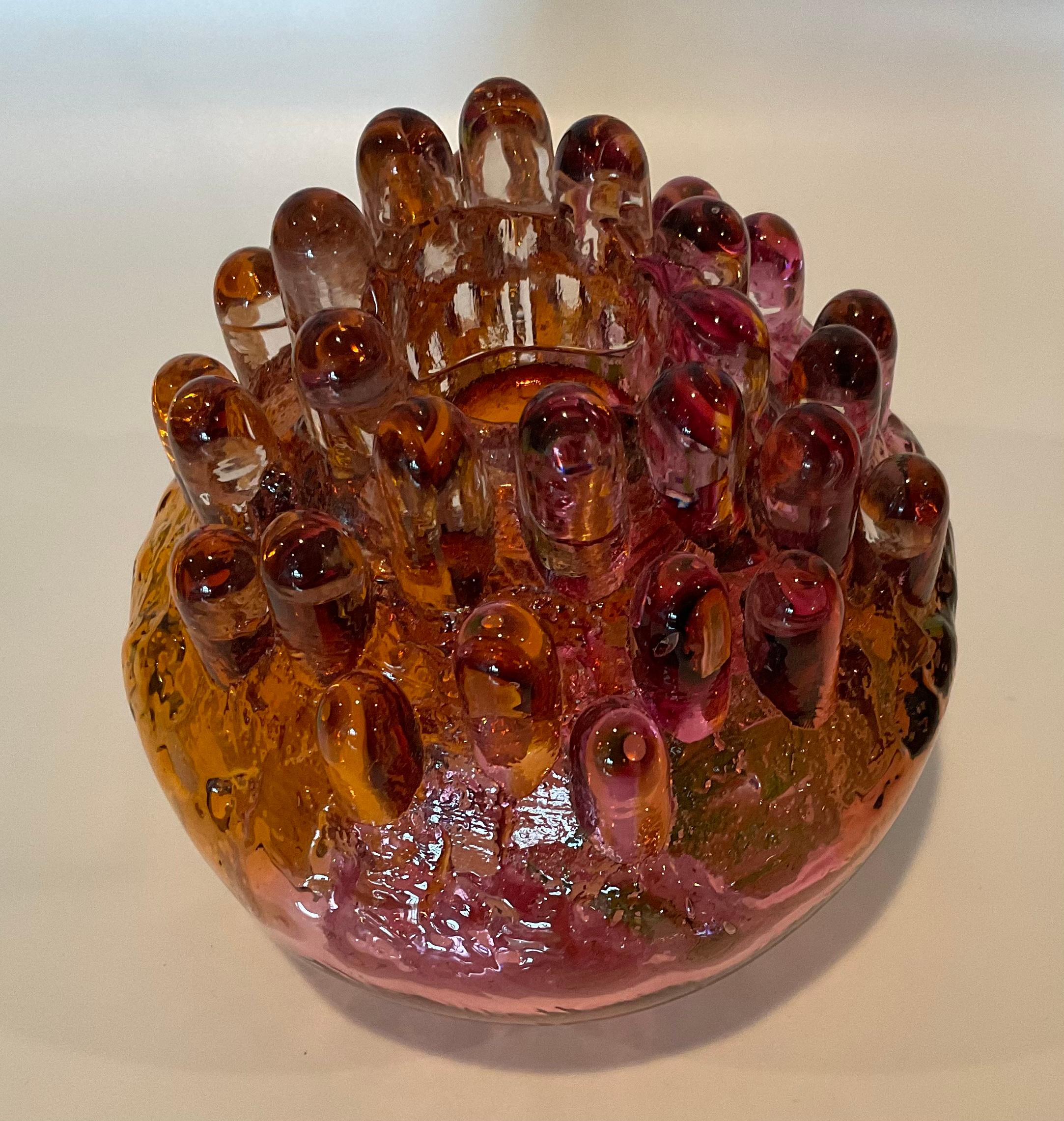Goran Warff Kosta Sweden Unique Signed Art Glass Candle holder in very vibrant colors. Signed as pictured.