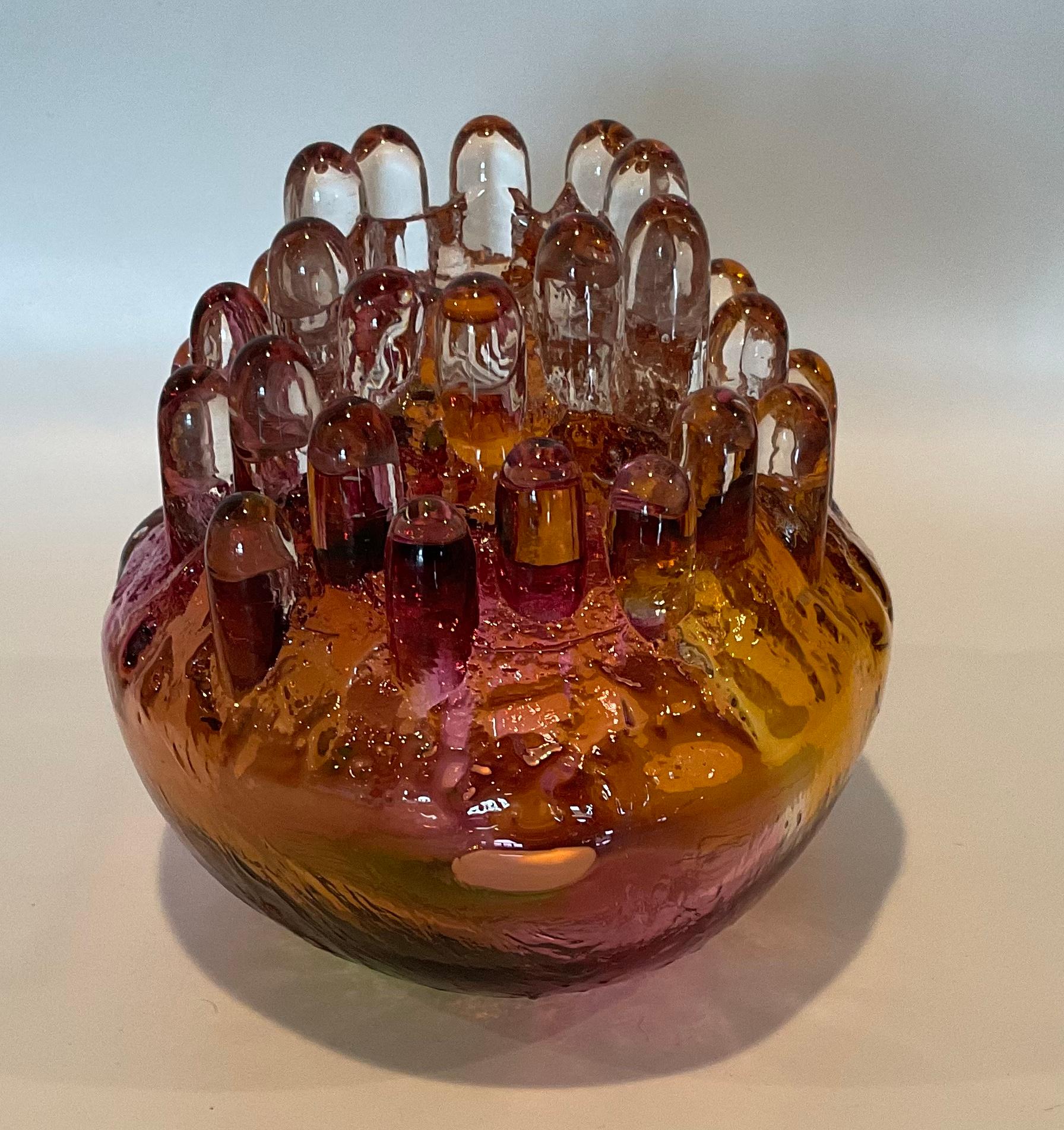 Mid-Century Modern Goran Warff Kosta Sweden Unique Signed Art Glass Candle Holder Vibrant Color For Sale