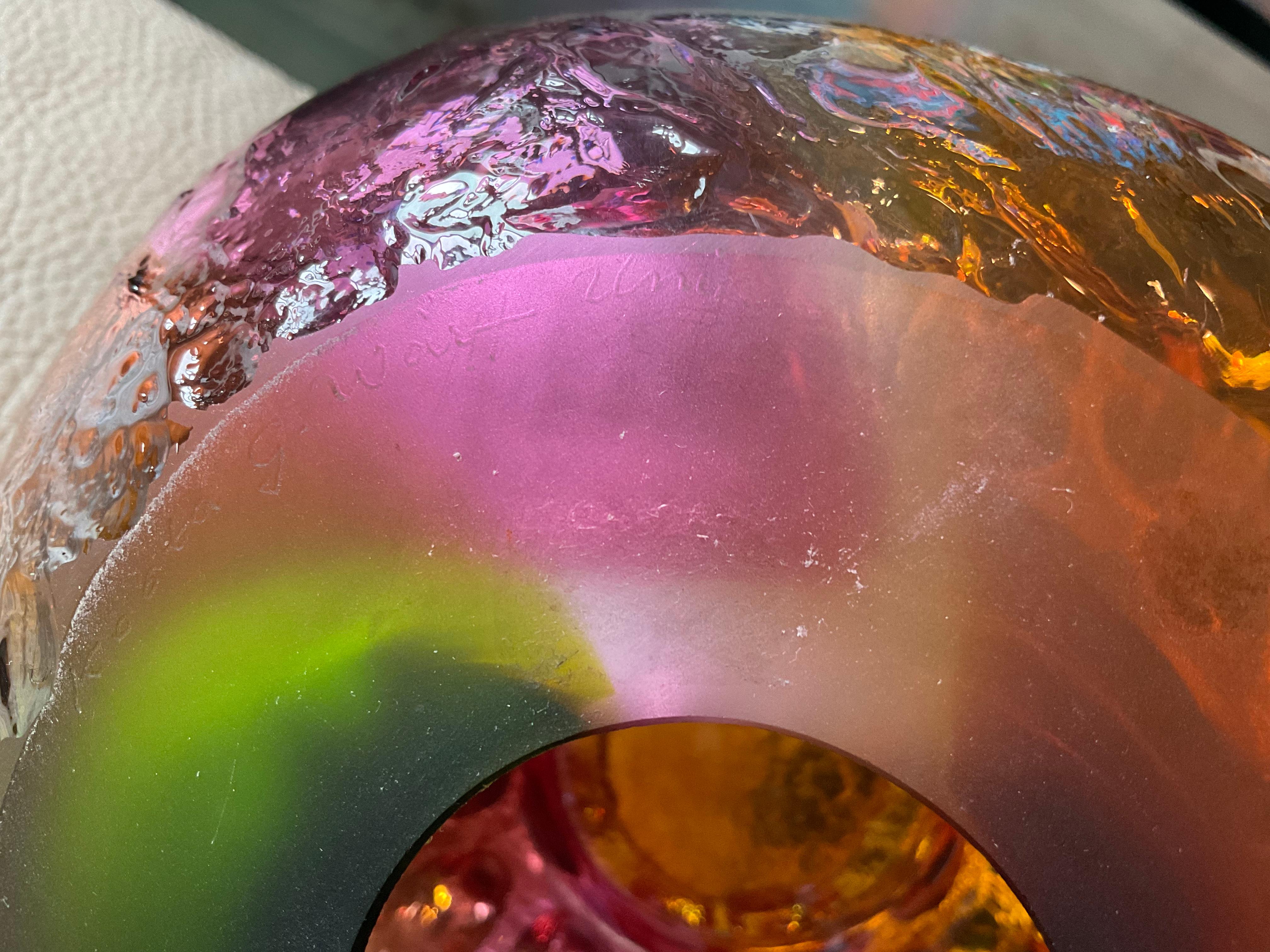 Swedish Goran Warff Kosta Sweden Unique Signed Art Glass Candle Holder Vibrant Color For Sale