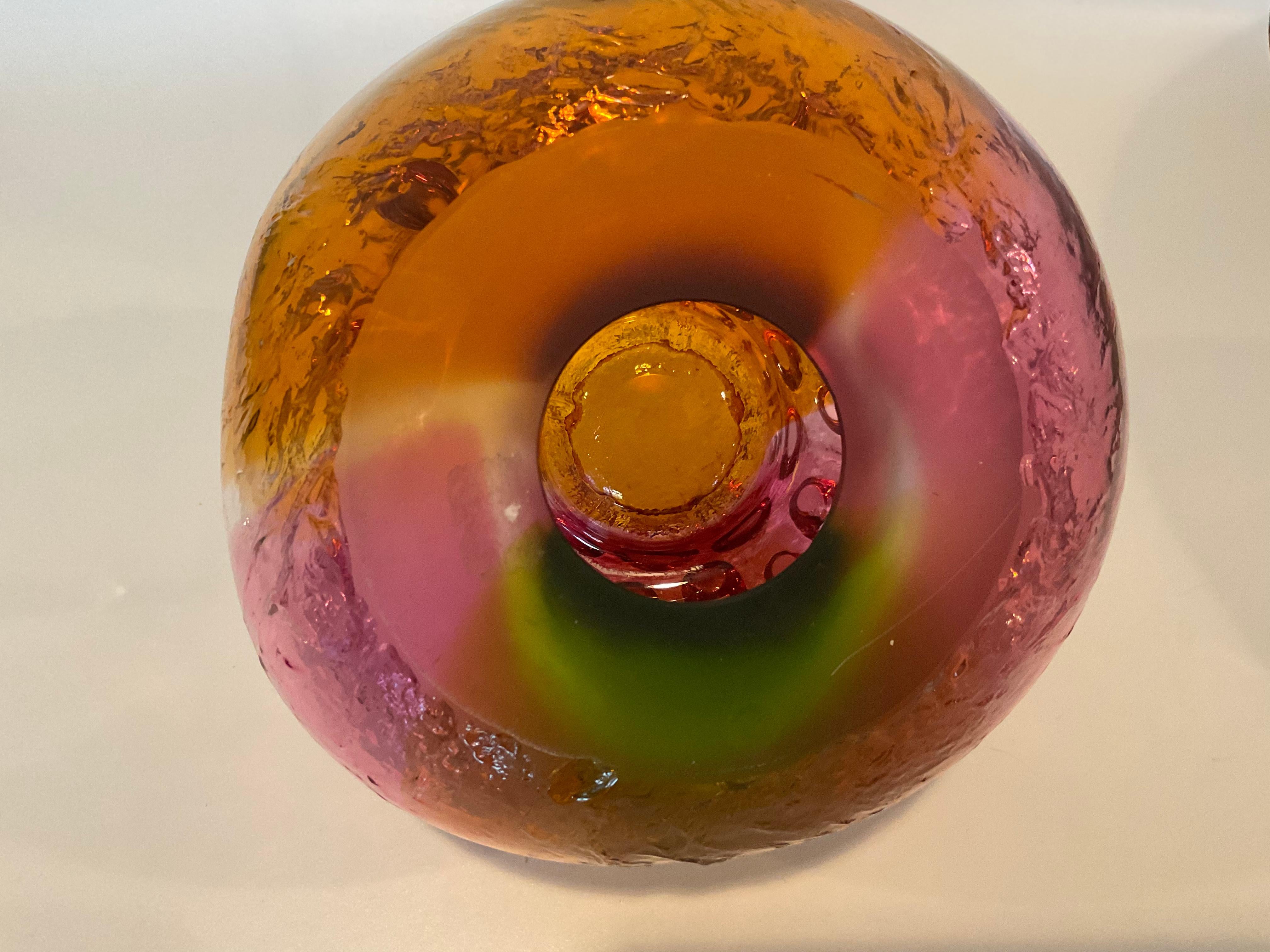 Goran Warff Kosta Sweden Unique Signed Art Glass Candle Holder Vibrant Color In Good Condition For Sale In Ann Arbor, MI
