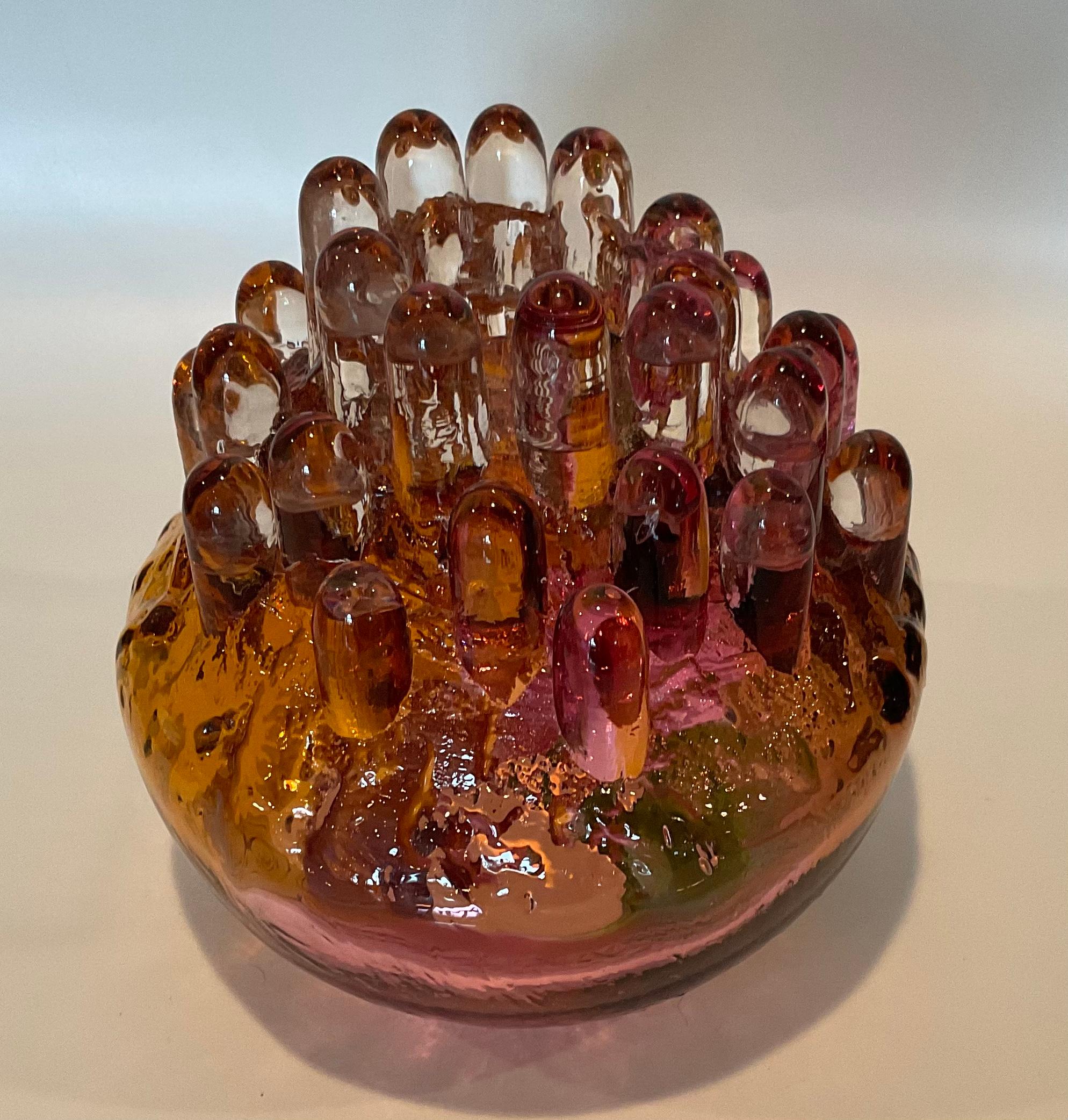 Late 20th Century Goran Warff Kosta Sweden Unique Signed Art Glass Candle Holder Vibrant Color For Sale