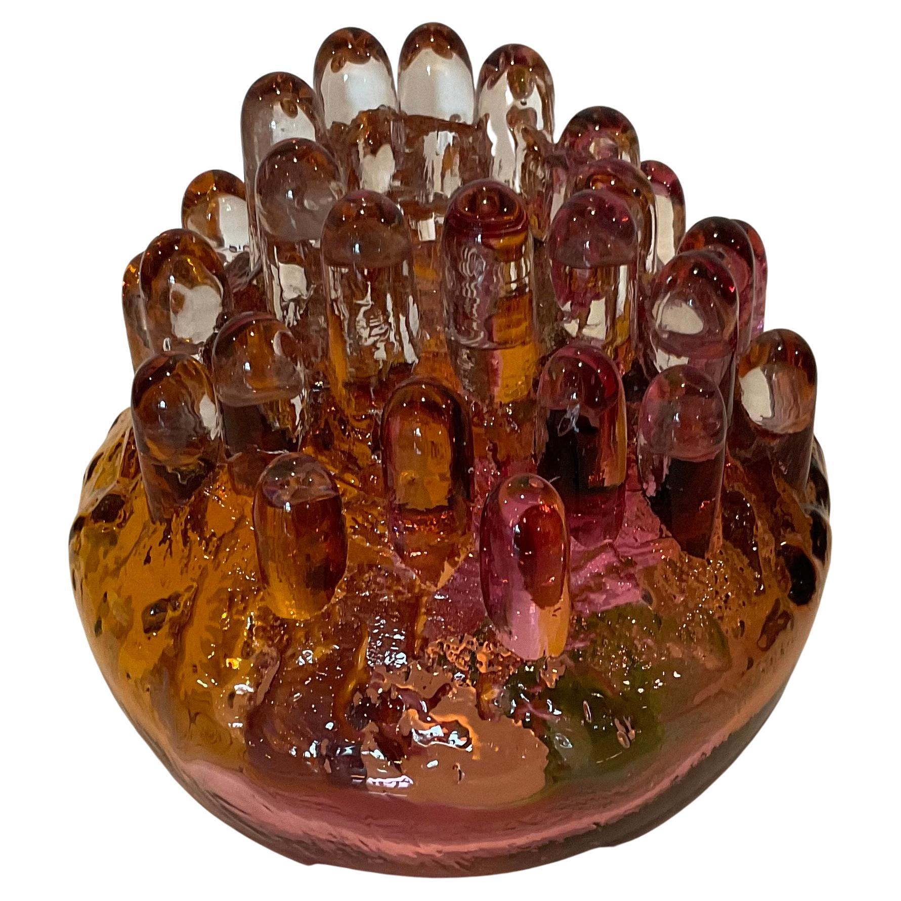 Goran Warff Kosta Sweden Unique Signed Art Glass Candle Holder Vibrant Color For Sale