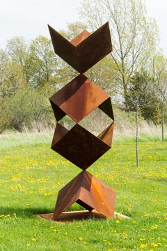 Breakthrough - large, tall, patinated, geometric, corten steel outdoor sculpture