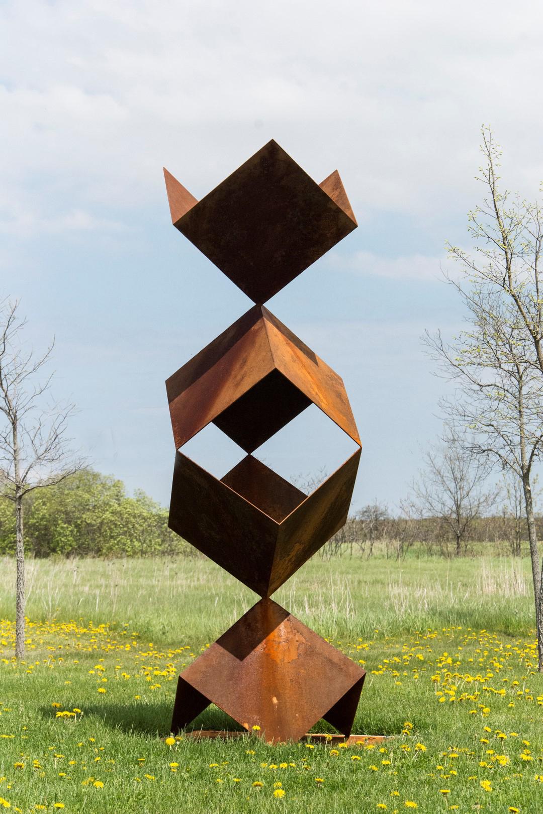 Gord Smith and Avron Mintz Abstract Sculpture - Breakthrough - large, tall, patinated, geometric, corten steel outdoor sculpture