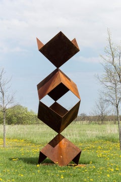 Breakthrough - large, tall, patinated, geometric, corten steel outdoor sculpture