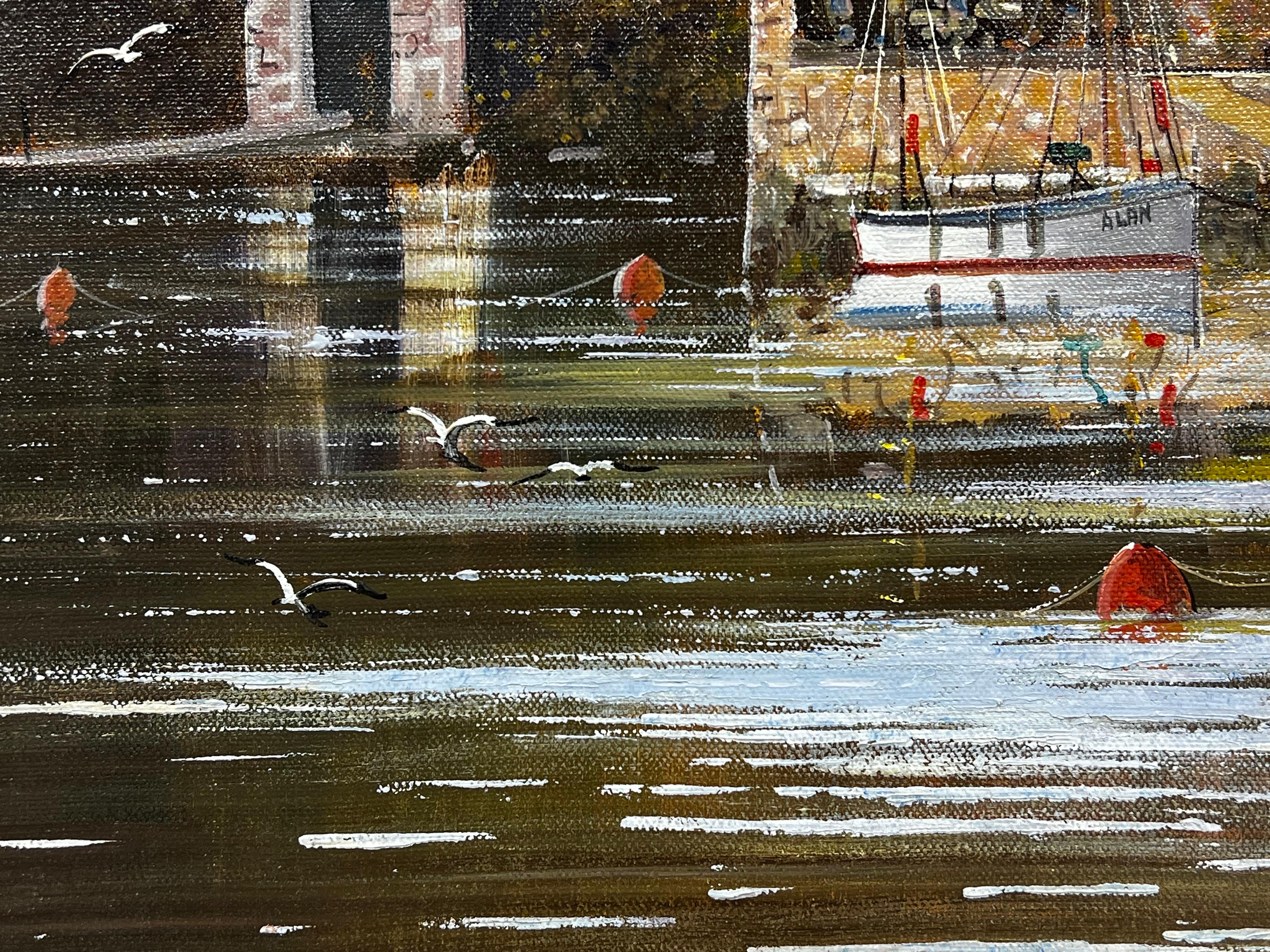 Pintura al óleo original inglesa Barcos amarrados junto a la taberna del viejo río Escena tranquila en venta 5