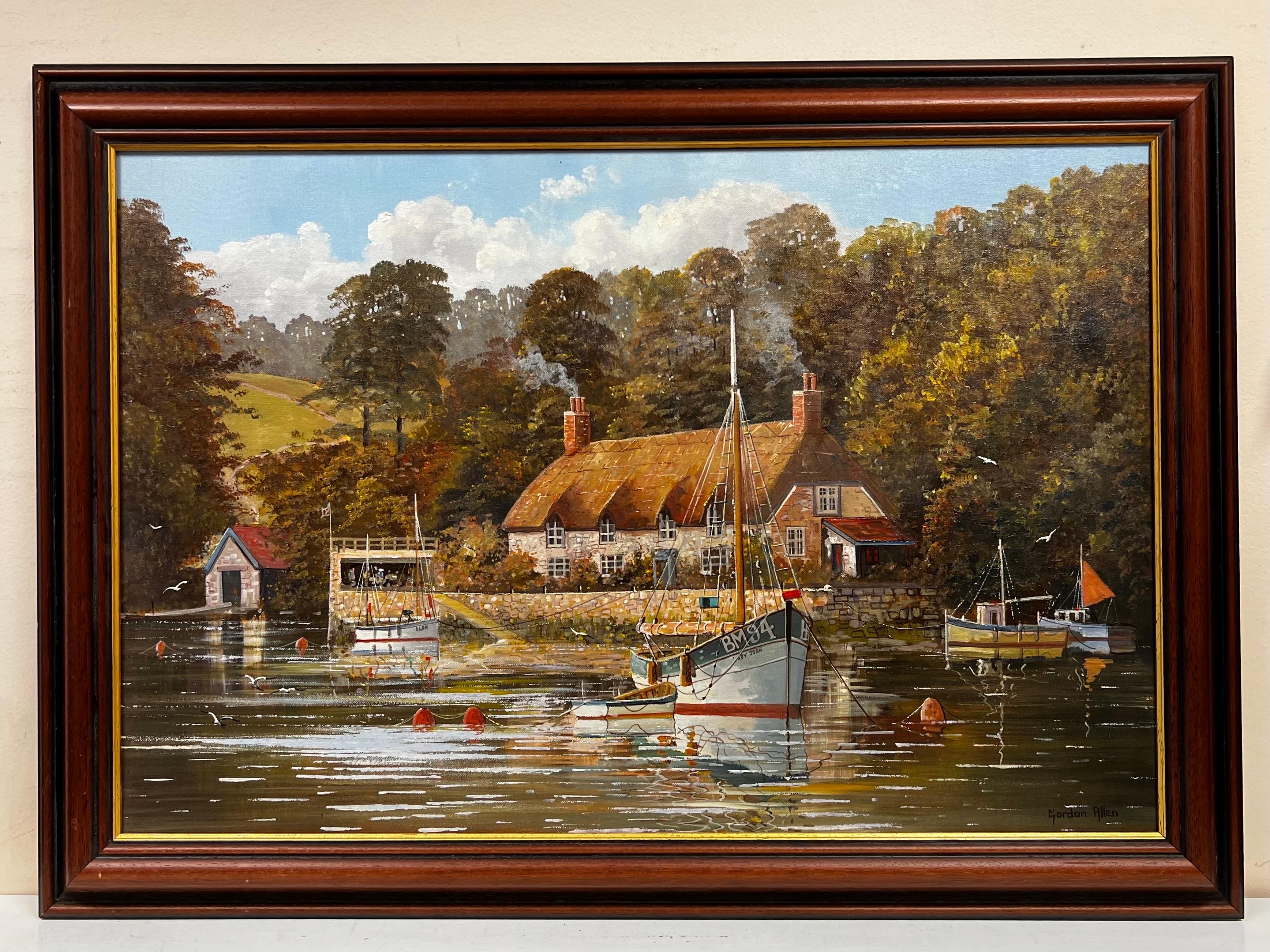Pintura al óleo original inglesa Barcos amarrados junto a la taberna del viejo río Escena tranquila - Painting de Gordon Allen