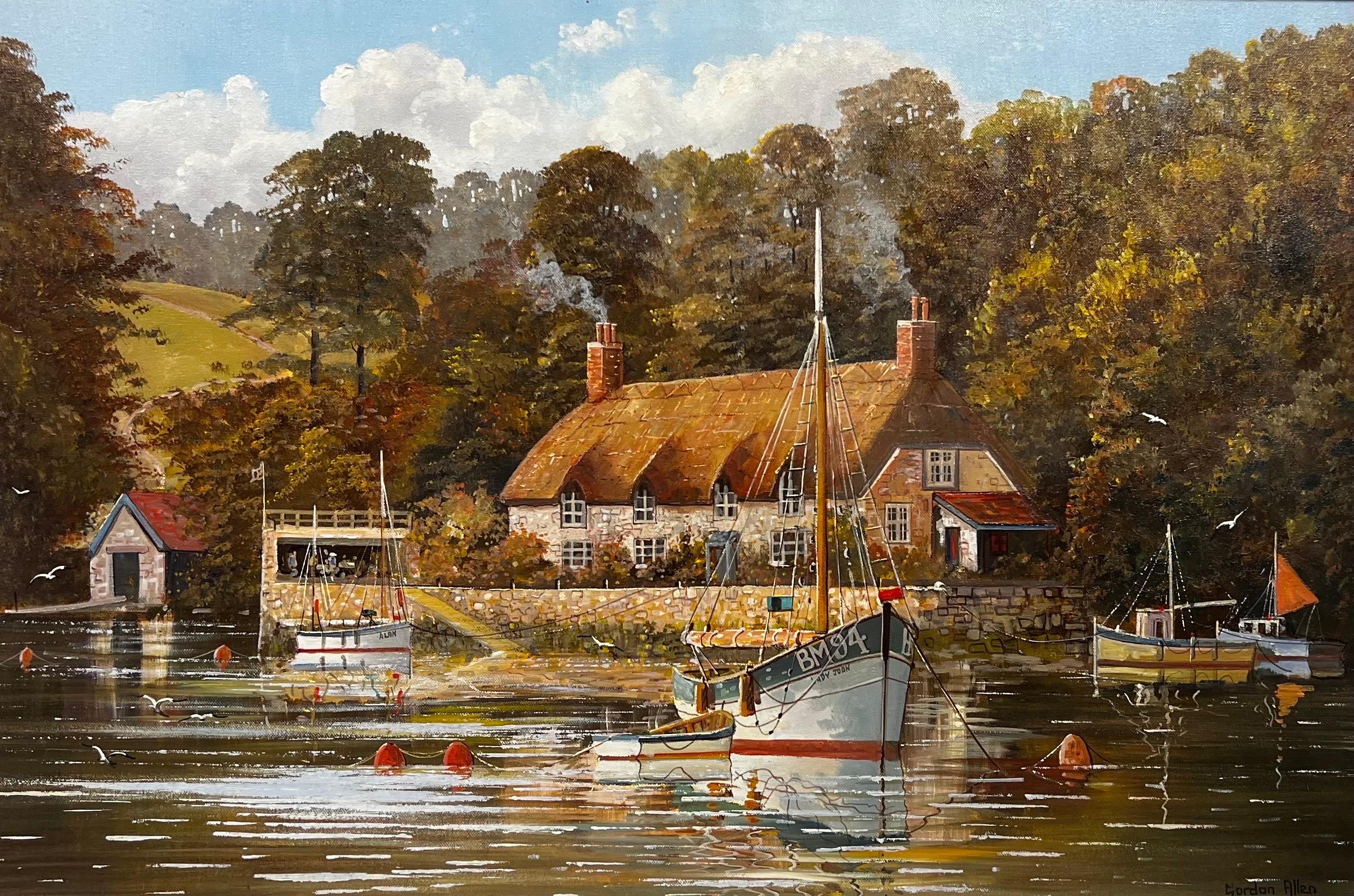 Pintura al óleo original inglesa Barcos amarrados junto a la taberna del viejo río Escena tranquila - Painting Victoriano de Gordon Allen