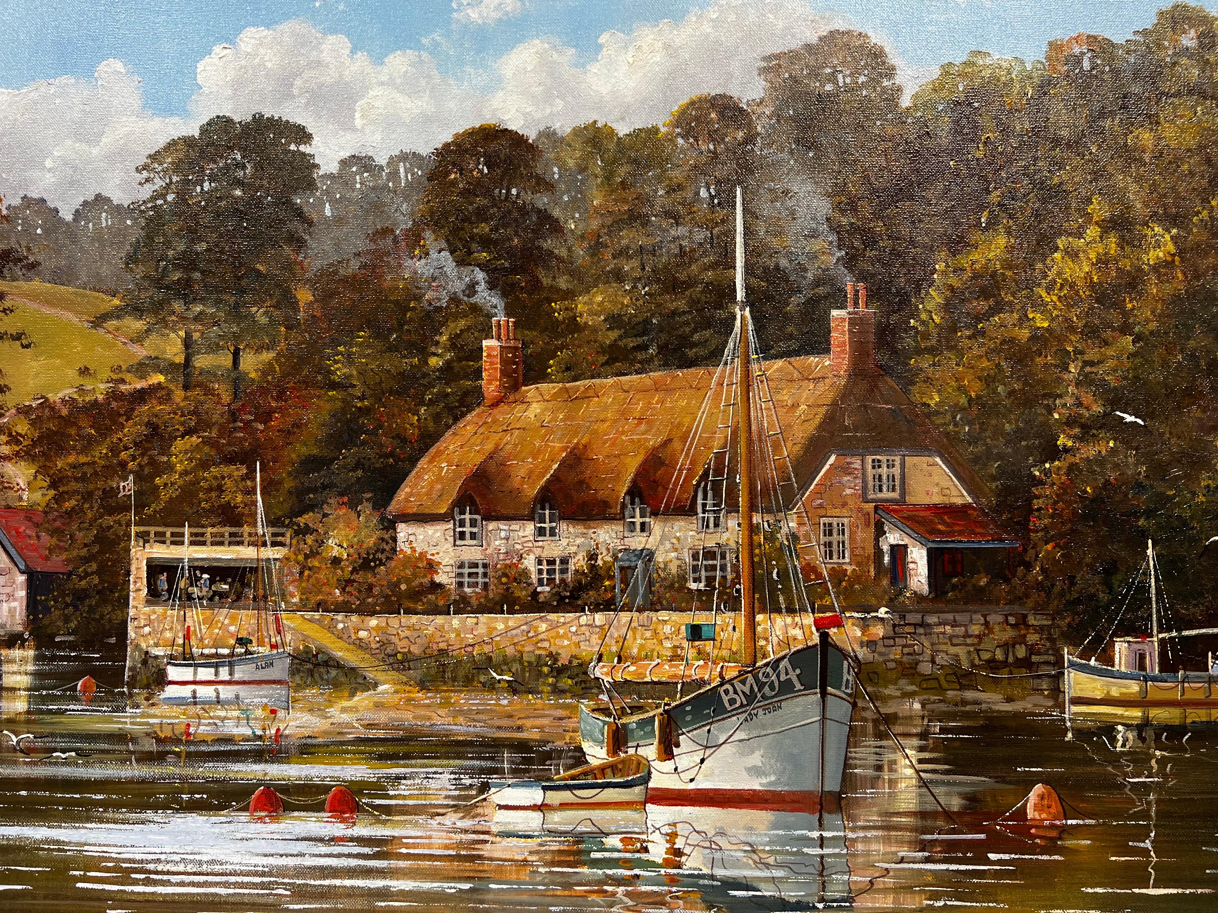 Pintura al óleo original inglesa Barcos amarrados junto a la taberna del viejo río Escena tranquila - Figurative Painting Marrón de Gordon Allen