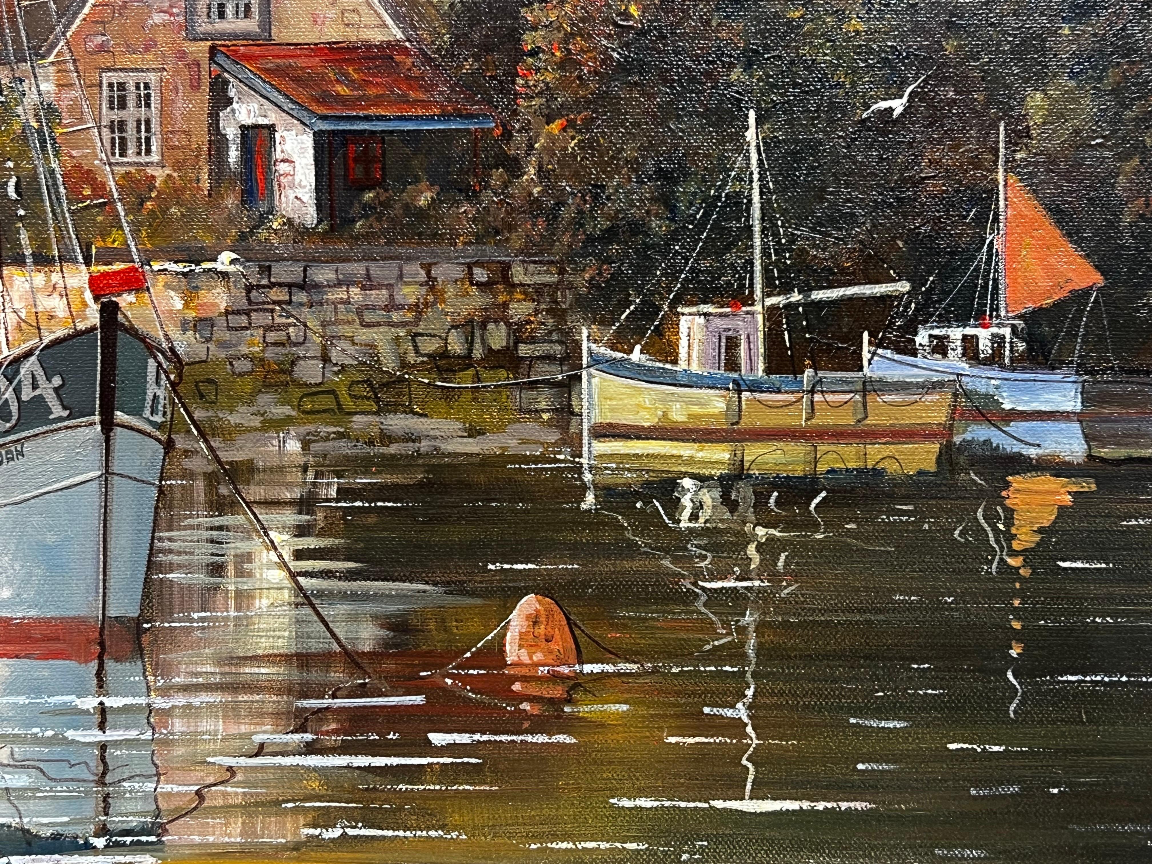 Pintura al óleo original inglesa Barcos amarrados junto a la taberna del viejo río Escena tranquila en venta 2