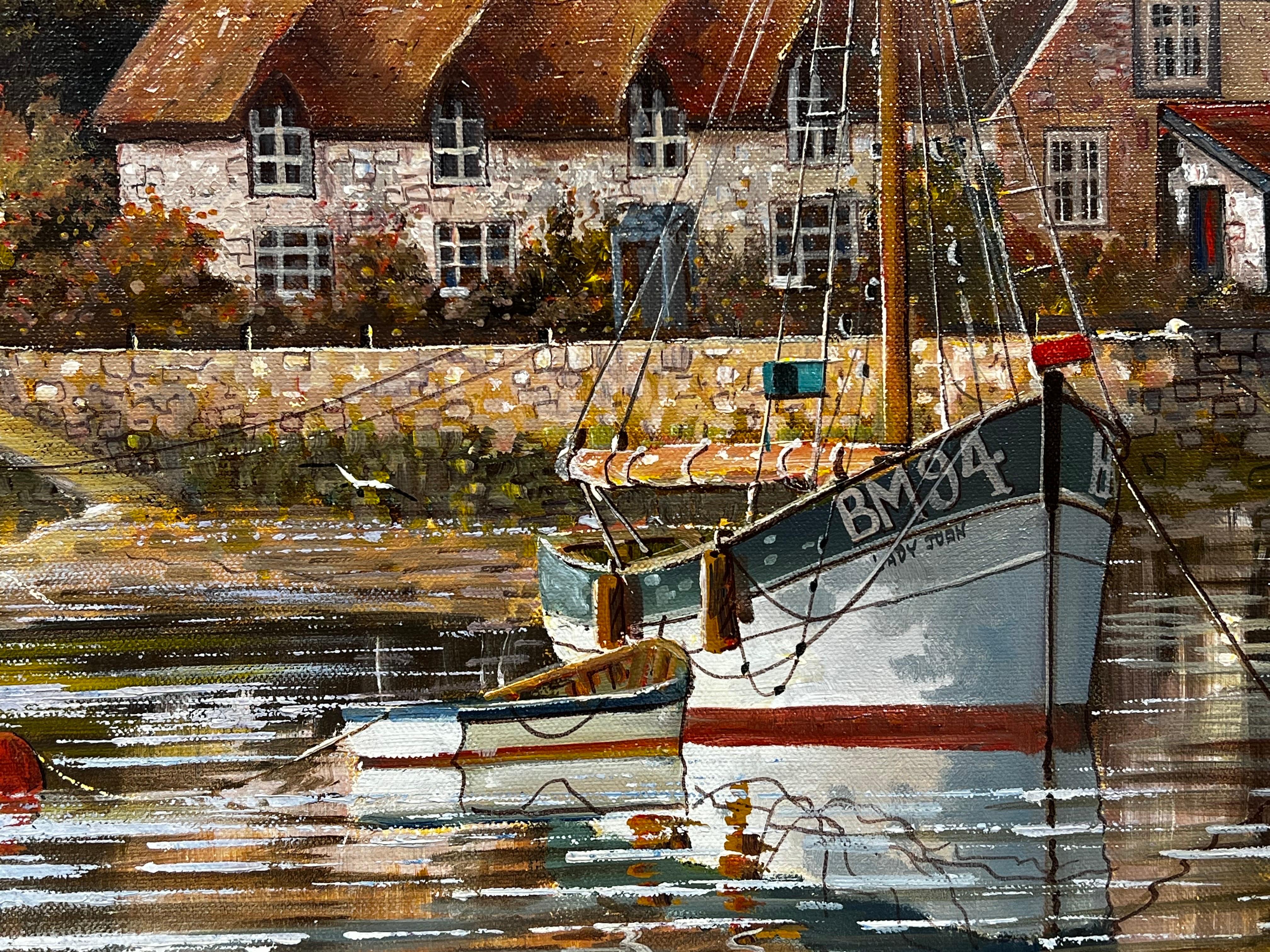 Pintura al óleo original inglesa Barcos amarrados junto a la taberna del viejo río Escena tranquila en venta 3